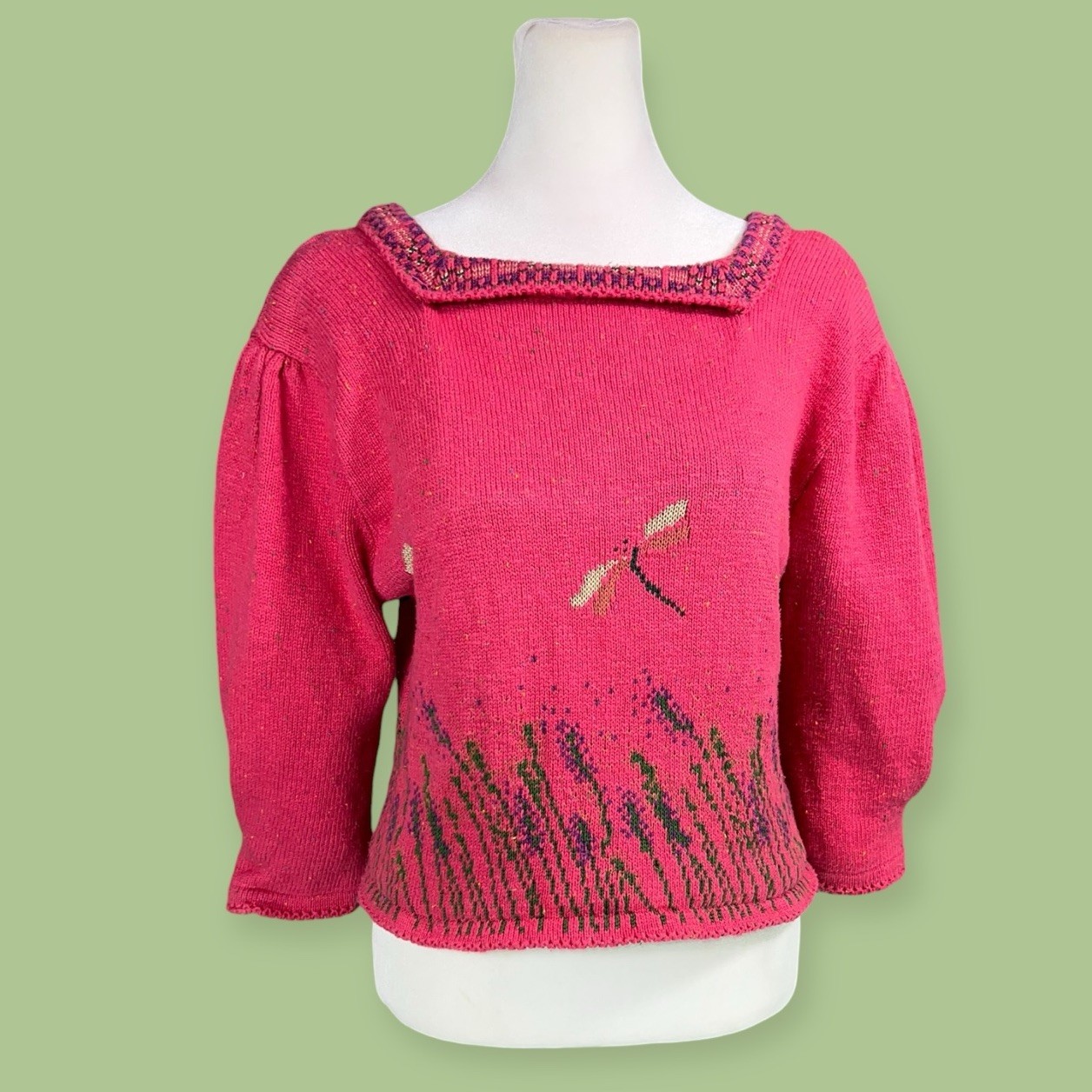 VTG 1990s COTTON DRAGONFLY WHIMSICAL CROPPED SWEATER Y2K FAIRY CORE BOHO PRAIRIE