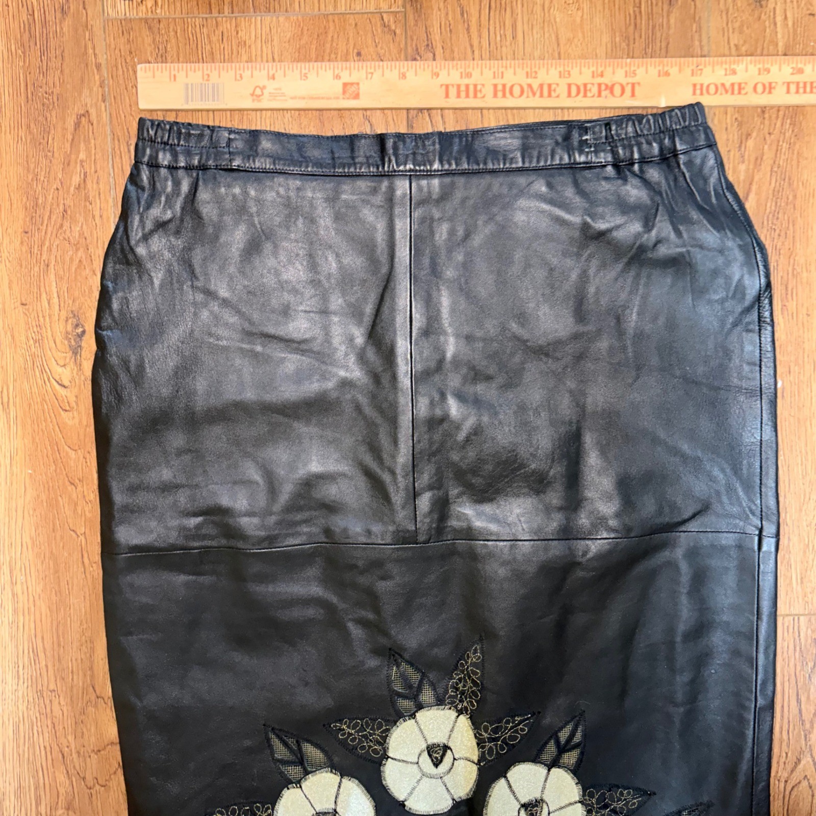 Vintage 80s Black Leather Floral Appliqué Matching Set Batwing Jacket & Skirt XL