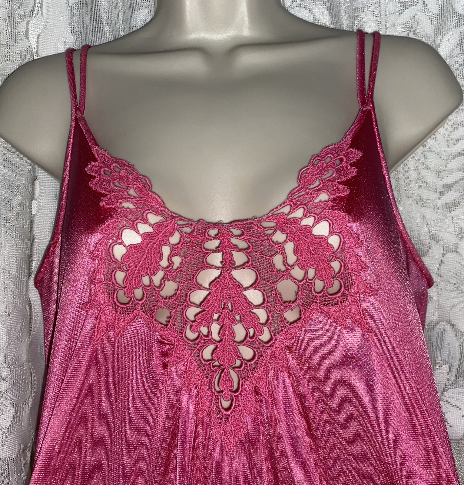 VTG M+ Raspberry Pink Princess Silky Soft Nylon Nightgown w Inset Crochet Lace