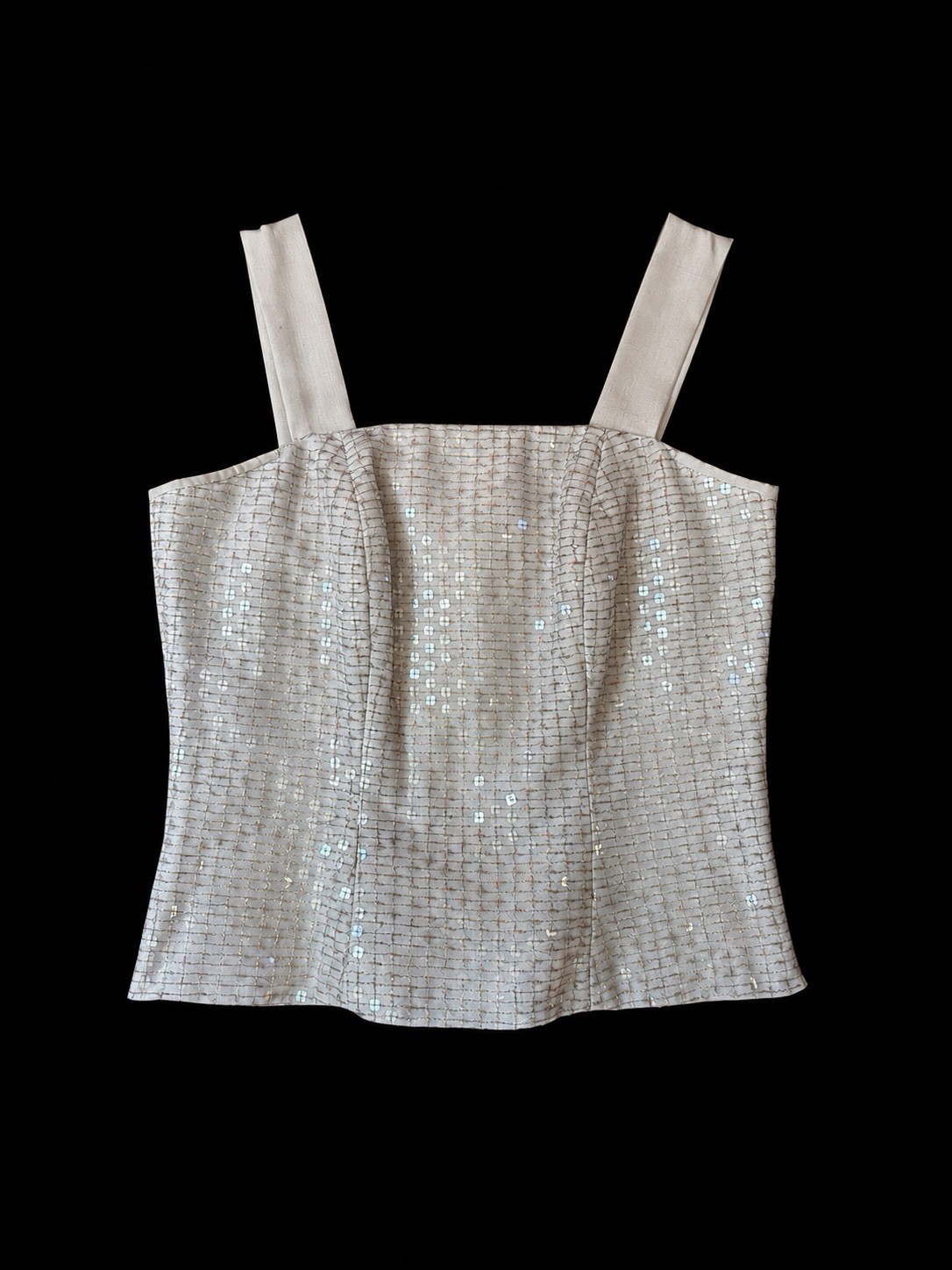VTG 90s Y2K Sequin Silk Square Neck Wide Strap neutral gray Formal Corset top M