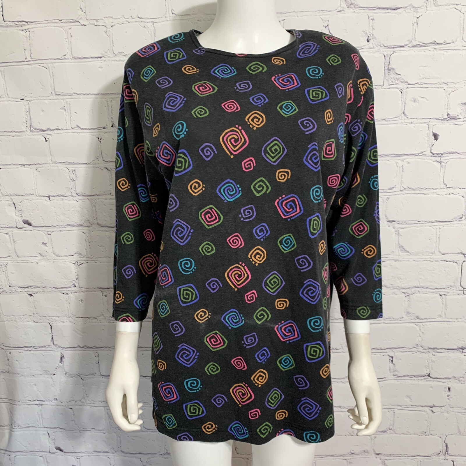 Vtg Katelyn Rose Women’s Blouse M Black Geometric Shoulder Pads 3/4 Sleeve USA