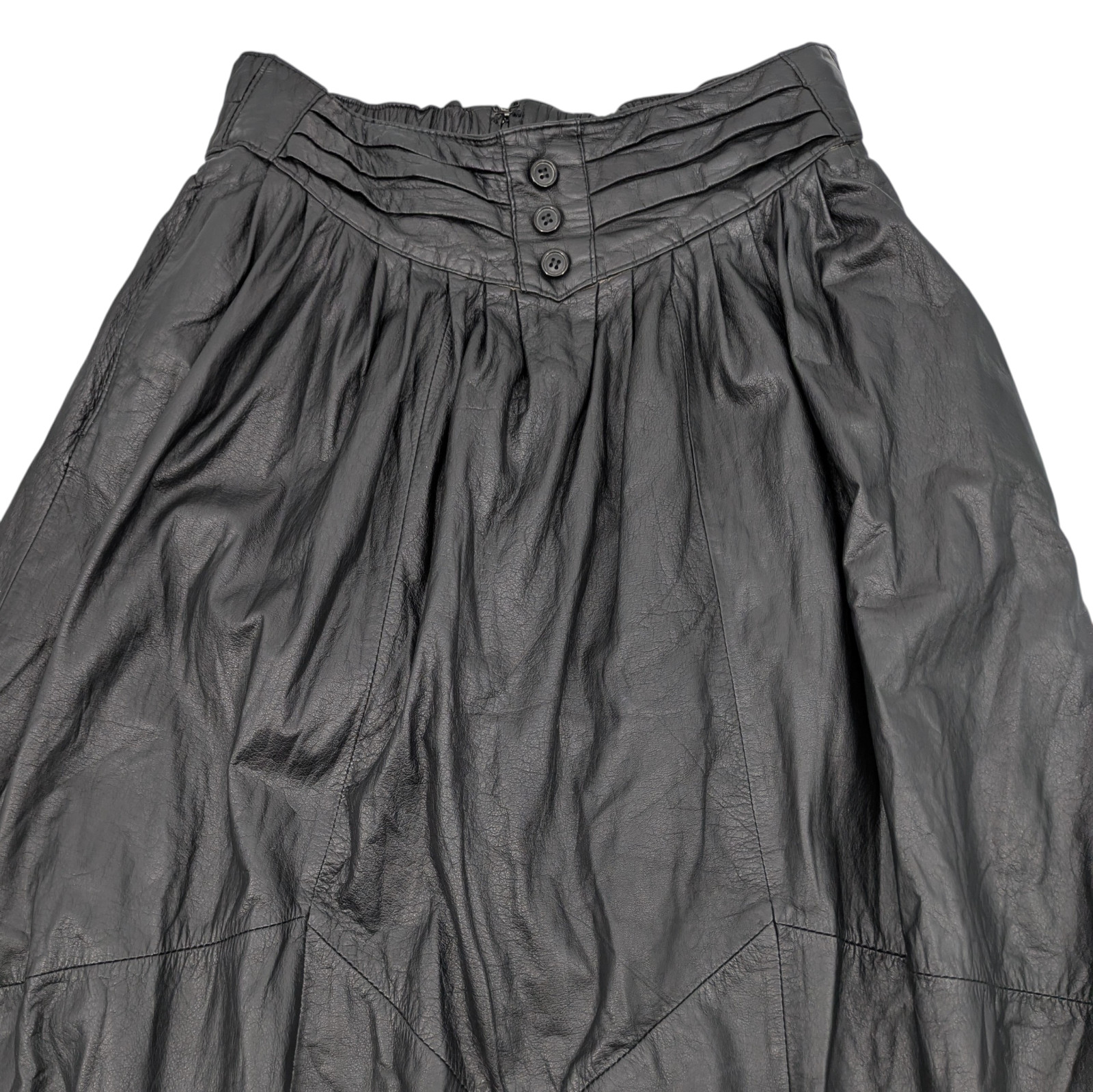 VTG 80s Black Leather Quilted Midi Skirt Womens 8 Yoke New Wave Goth Avant Garde