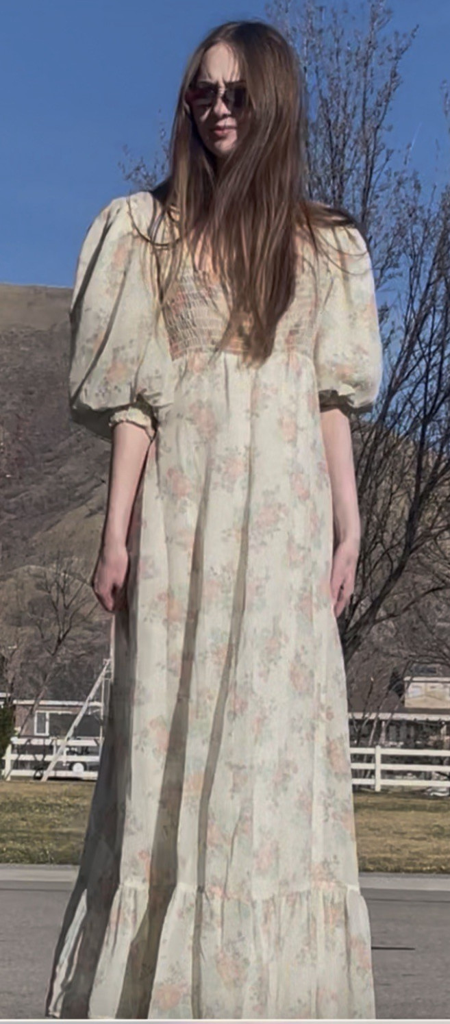 Vintage 70s Phase II California Prarie Floral Boho Sax Style Maxi Dress Sz 11