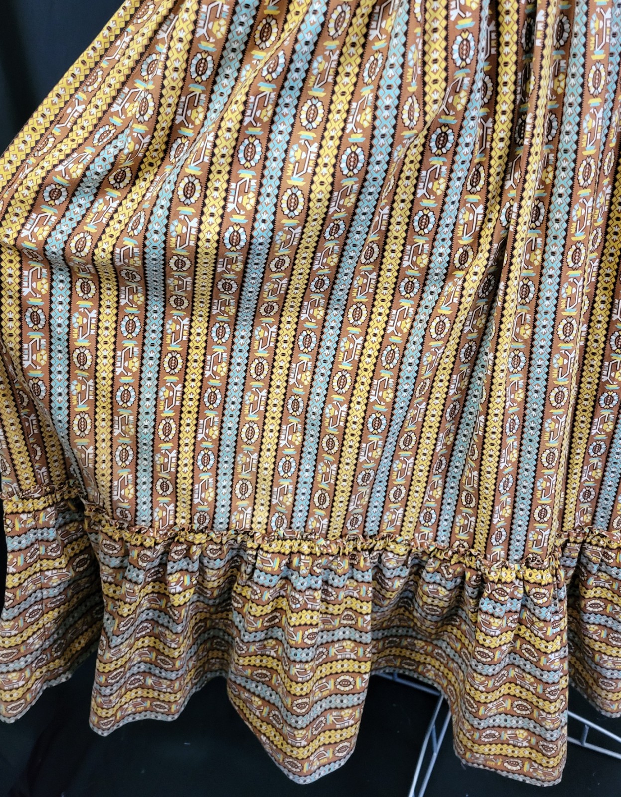 Vintage Dirndl Dress w Blouse in Brown/Yellow/Blue Pattern Size Small?