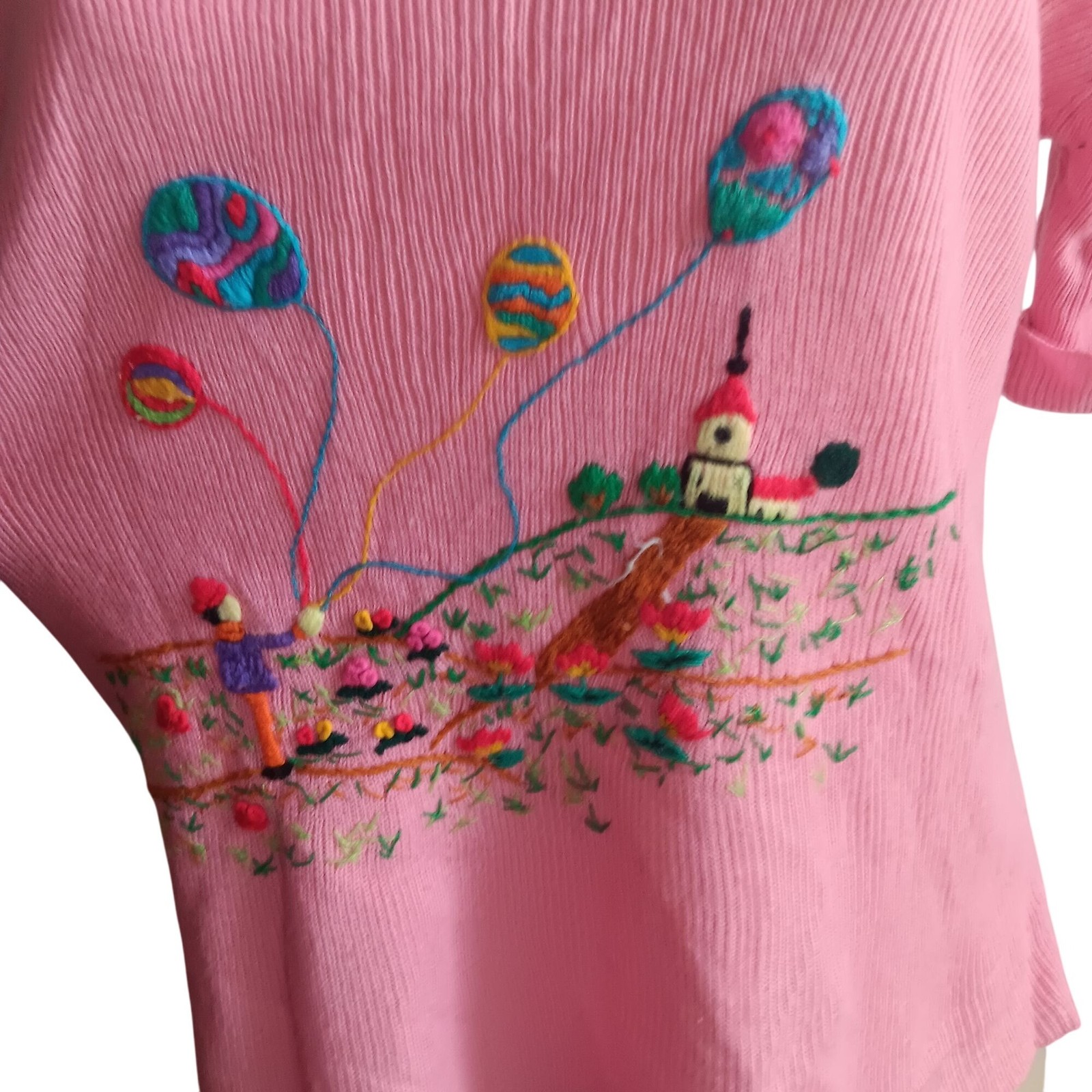 True Vintage 1970&rsquo;s Top Large Pink Embroidered Balloon Village Boho Disco Hippy