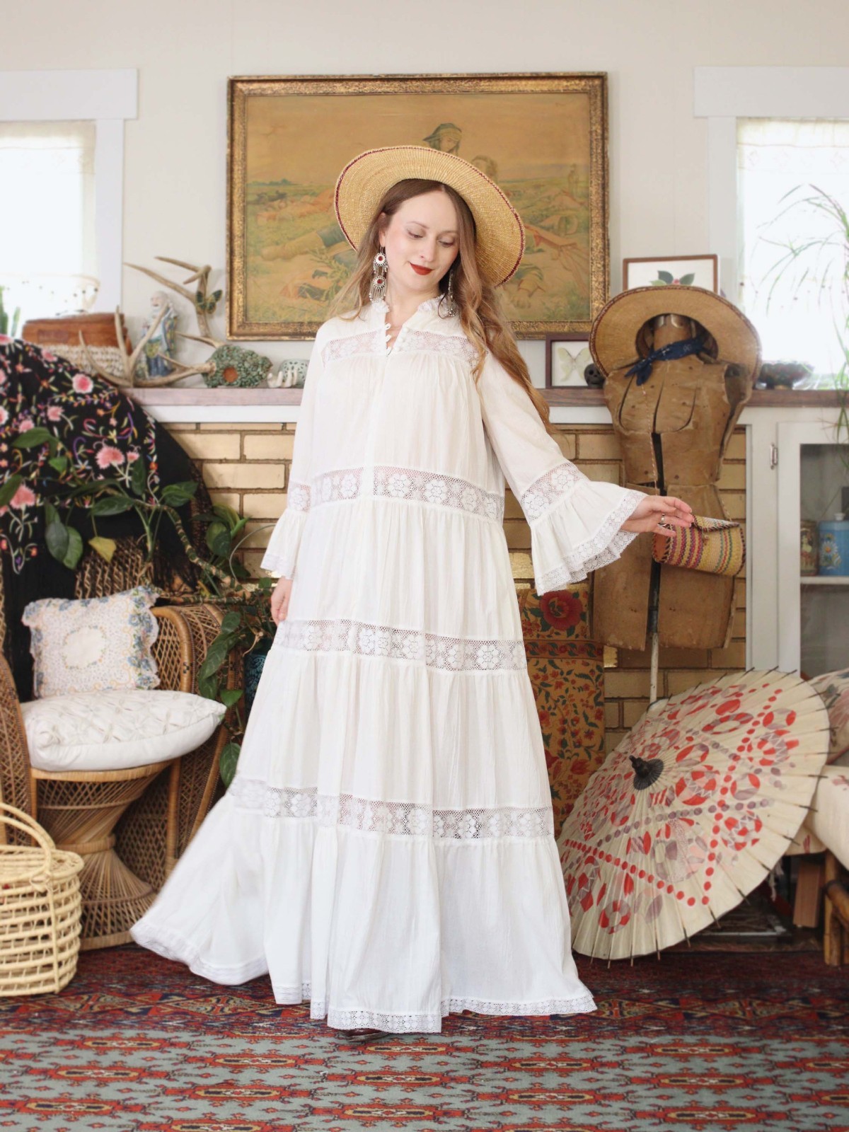 VTG 70s White Mexican Prairie Caftan Wedding Dress David Brown California L