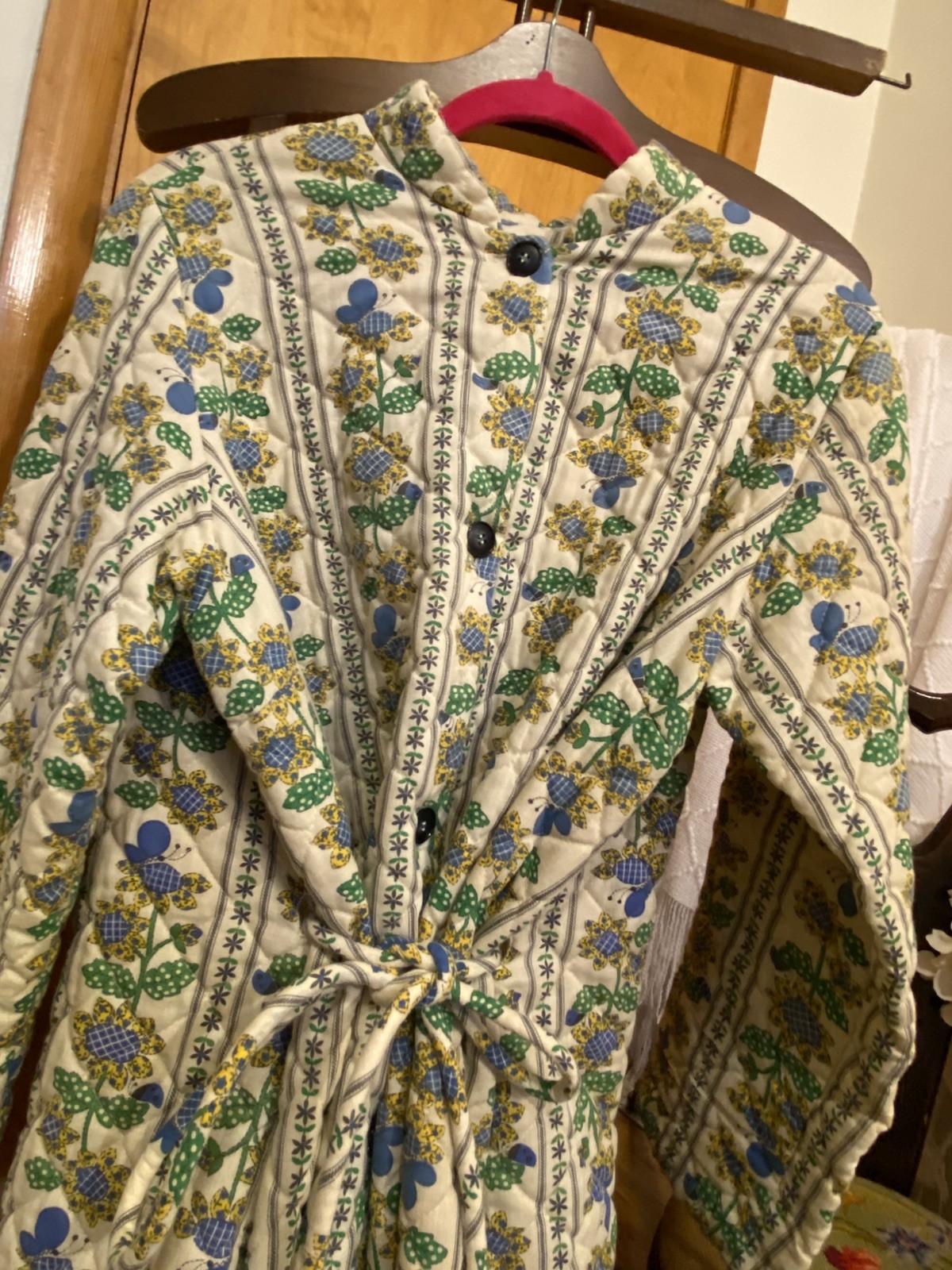VTG Sunflowers Handmade Drab Peasantcore Belted Robe House Coat SZ XL