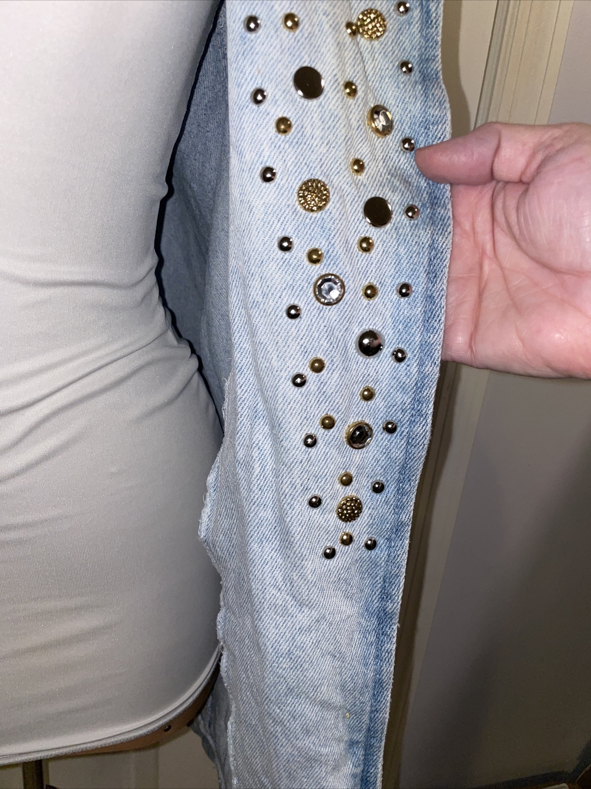 VTG RIO Light Blue Cotton Studded Western Button Denim Jacket Womens Sz S