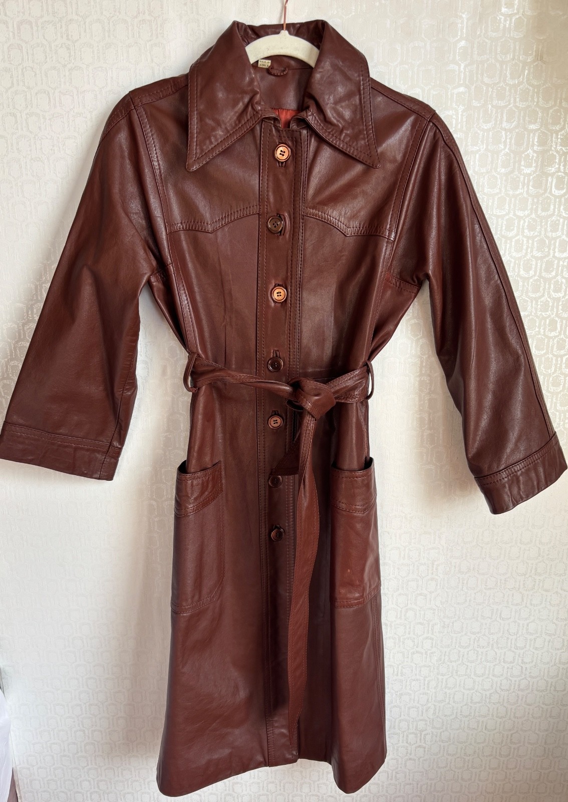 NICE!! VTG 70&rsquo;S DISCO BROWN LEATHER LONG BELTED WAIST JACKET TRENCH COAT*S