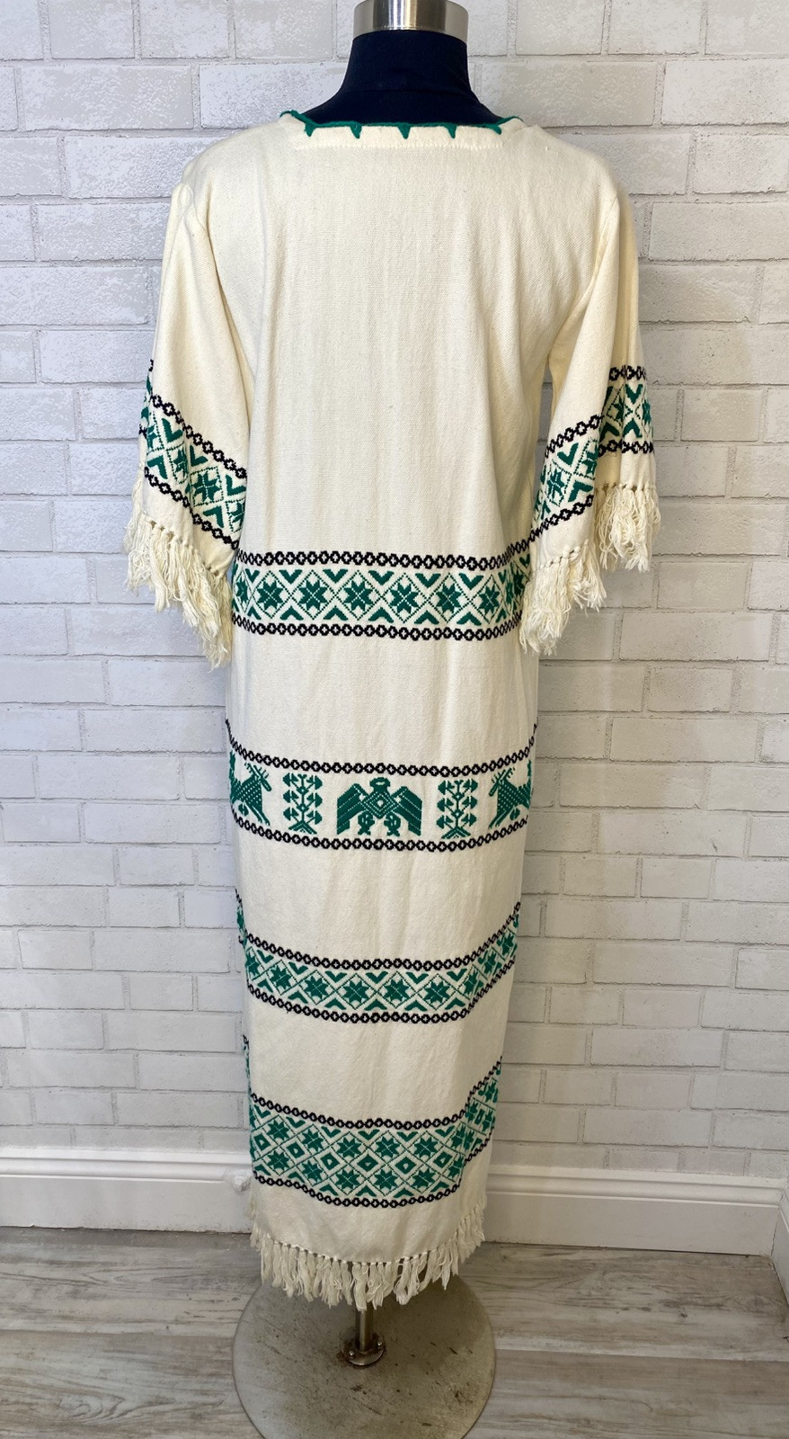 Vintage 70’s Folk Needlepoint Embroidered Fringe Kaftan Maxi Traditional Dress