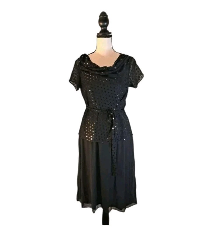 Vintage 70s 80s Another Thyme Black Sequin Cocktail Wedding Party Dress Sz 6