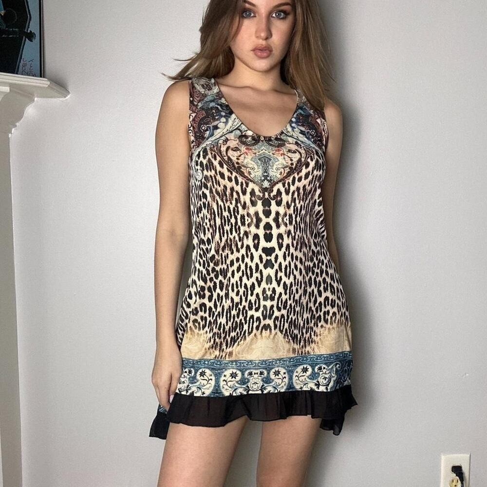 vintage leopard print ruffle boho asymmetrical mini dress