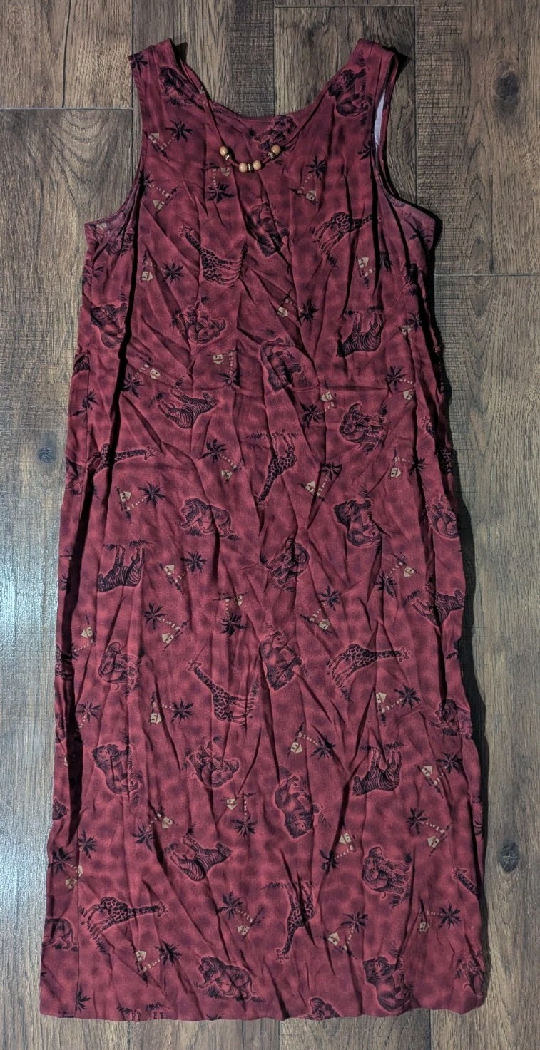 Another Thyme Vintage Women&rsquo;s Burgundy Safari Theme Maxi 100% Rayon Dress Sz 16
