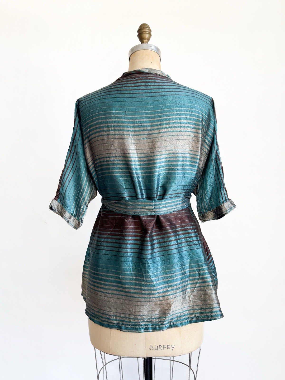 Vintage 1950s Striped Silk Wrap Top Belted Shirt Silk Teal Copper Tommies M L