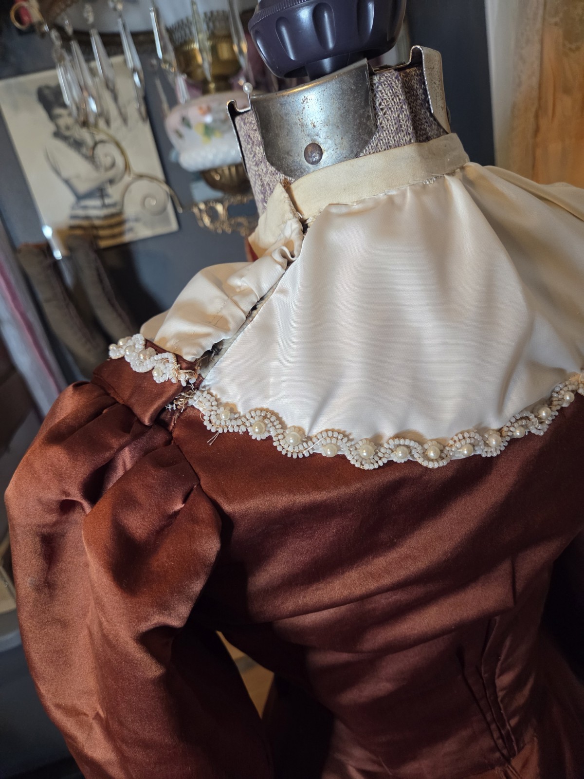 Victorian Copper Silk Blend Walking Suit w/ Ivory Taffeta Inserts & Pearl Trim