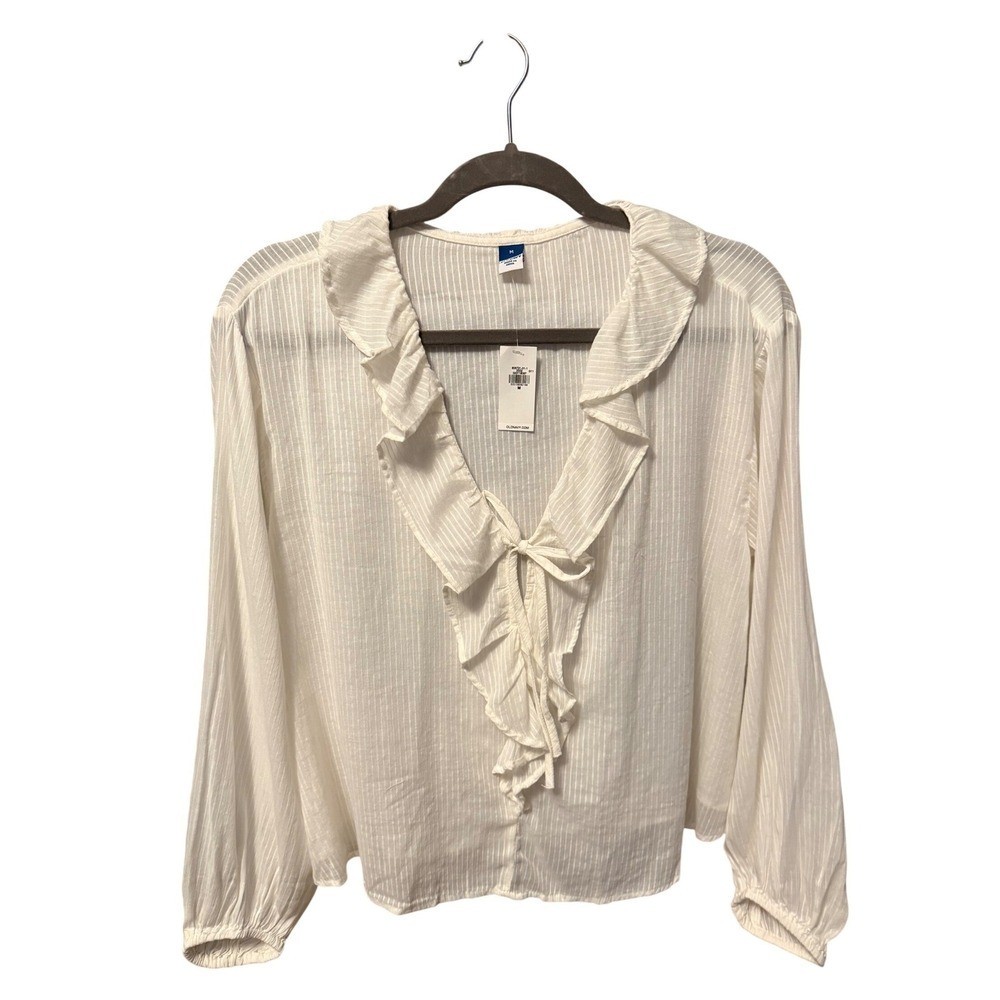 Old Navy Womens White Ruffle Tie-Front V-Neck Striped Blouse Size S NWT Boho