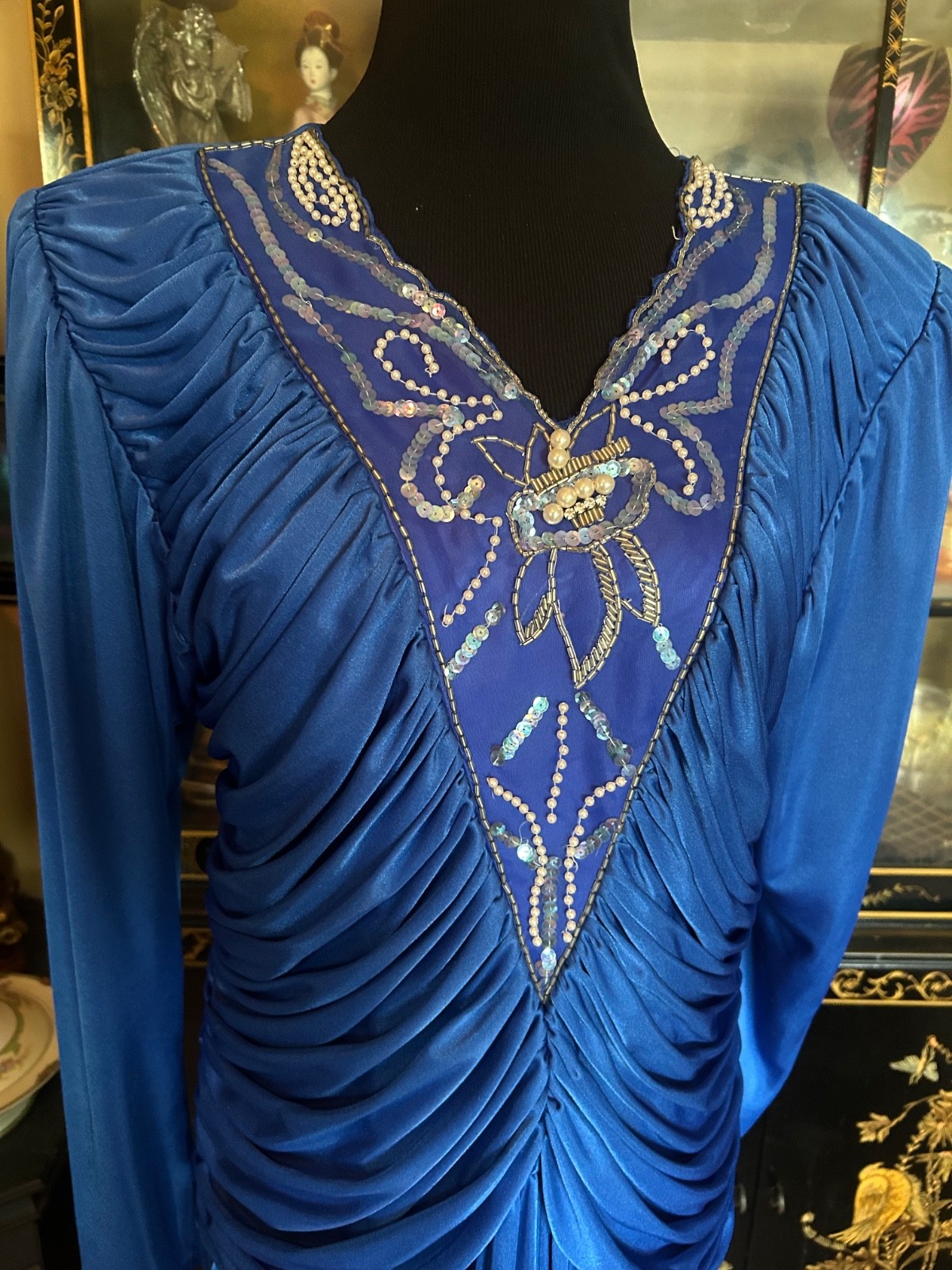 Vintage Dynasty 80s Beaded Sequin Royal Blue Evening Cocktail Dress Size 17/18