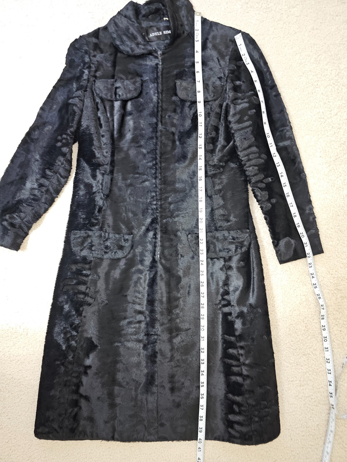 VTG 1960s Adele Simpson Womens Black Crushed Velvet Half Zip Coat Dress Sz. M