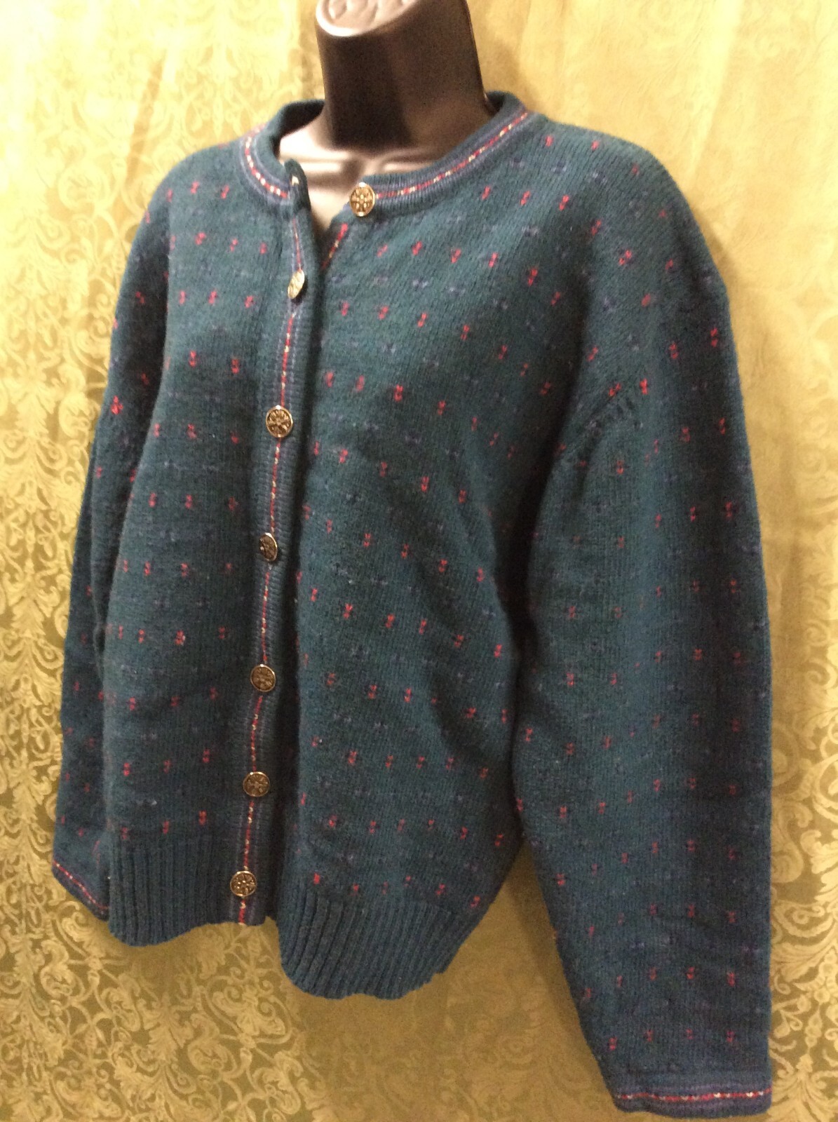 Eddie Bauer Wool Blend Cardigan Sweater M Dark Green Teal Red birdseye vintage