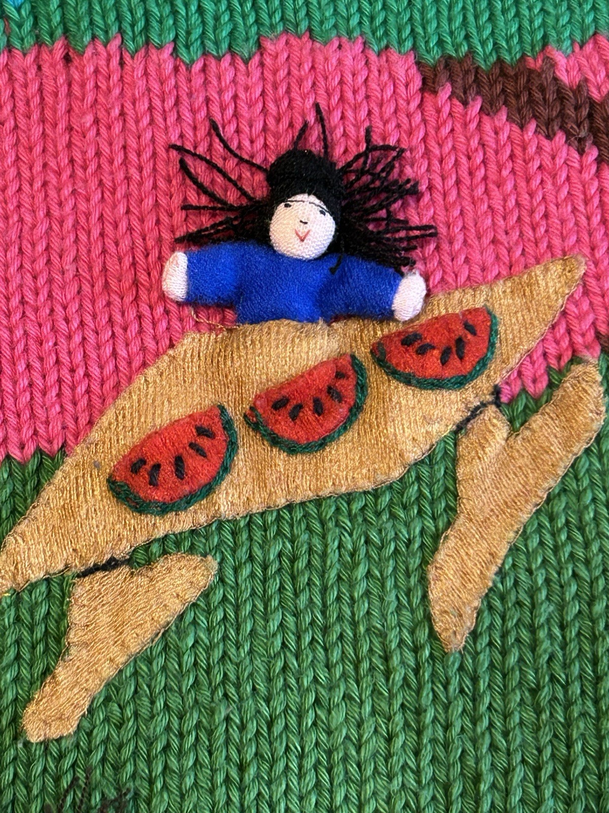 VTG 80&rsquo;s PICKING WATERMELON HANDMADE PERUVIAN EMBELLISHED NOVELTY SWEATER S-LG