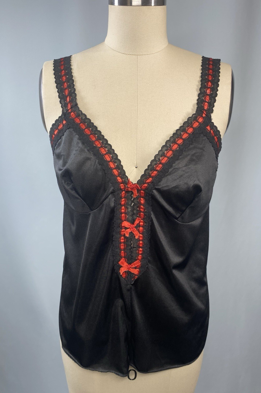 Vintage Camisole Top SIZE SMALL black red bow 70s 80s sexy cami nylon