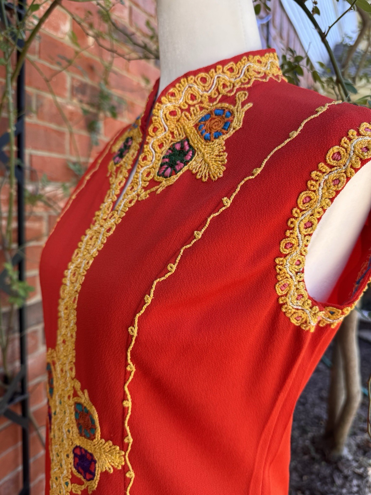 Vintage 1960s Red Hostess Column Maxi Dress With Gold Soutache Embroidery Size M