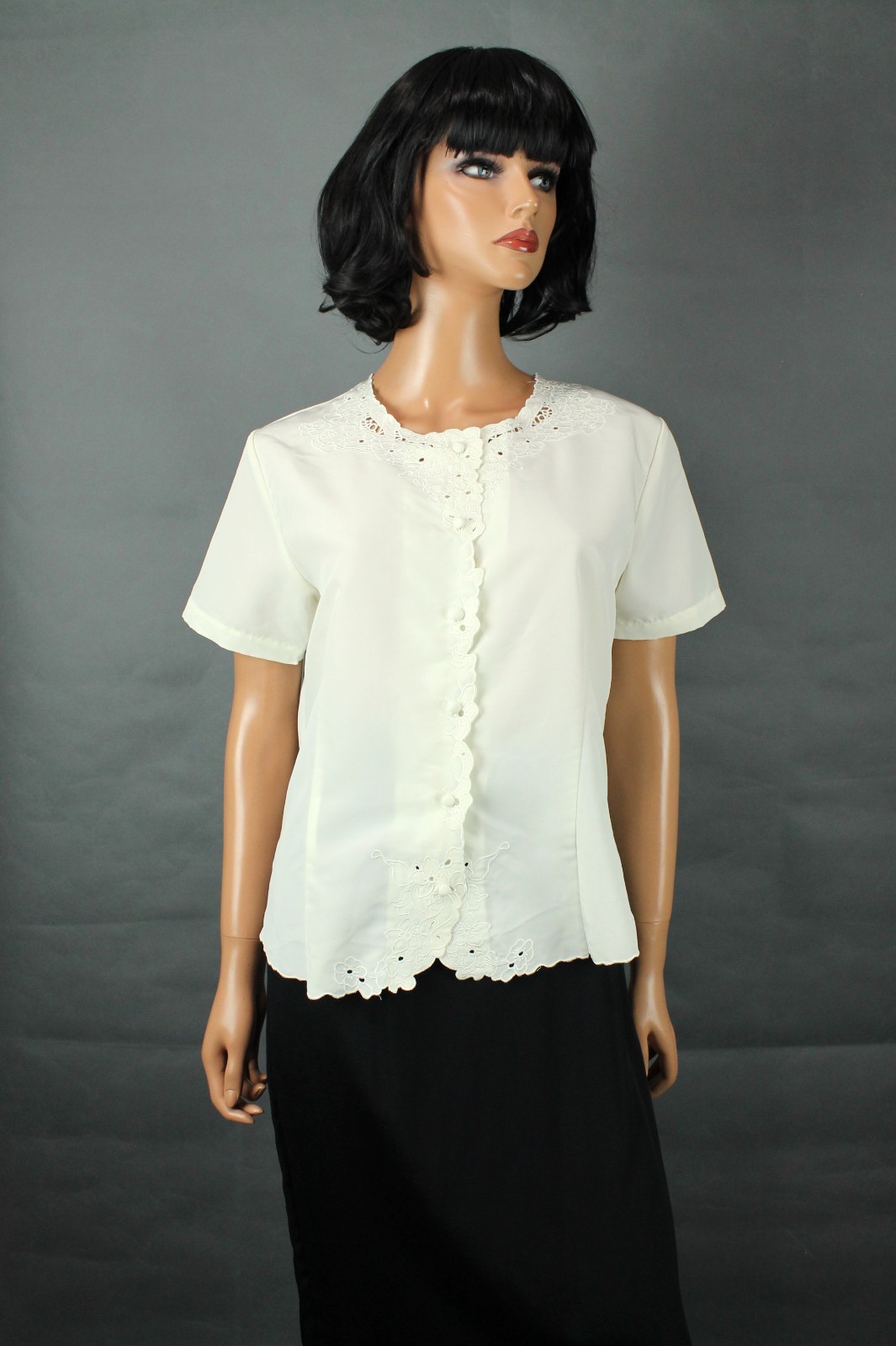 Embroidered Eyelet Blouse Sz S Vintage 90s Blair Short Sleeve Dress Shirt