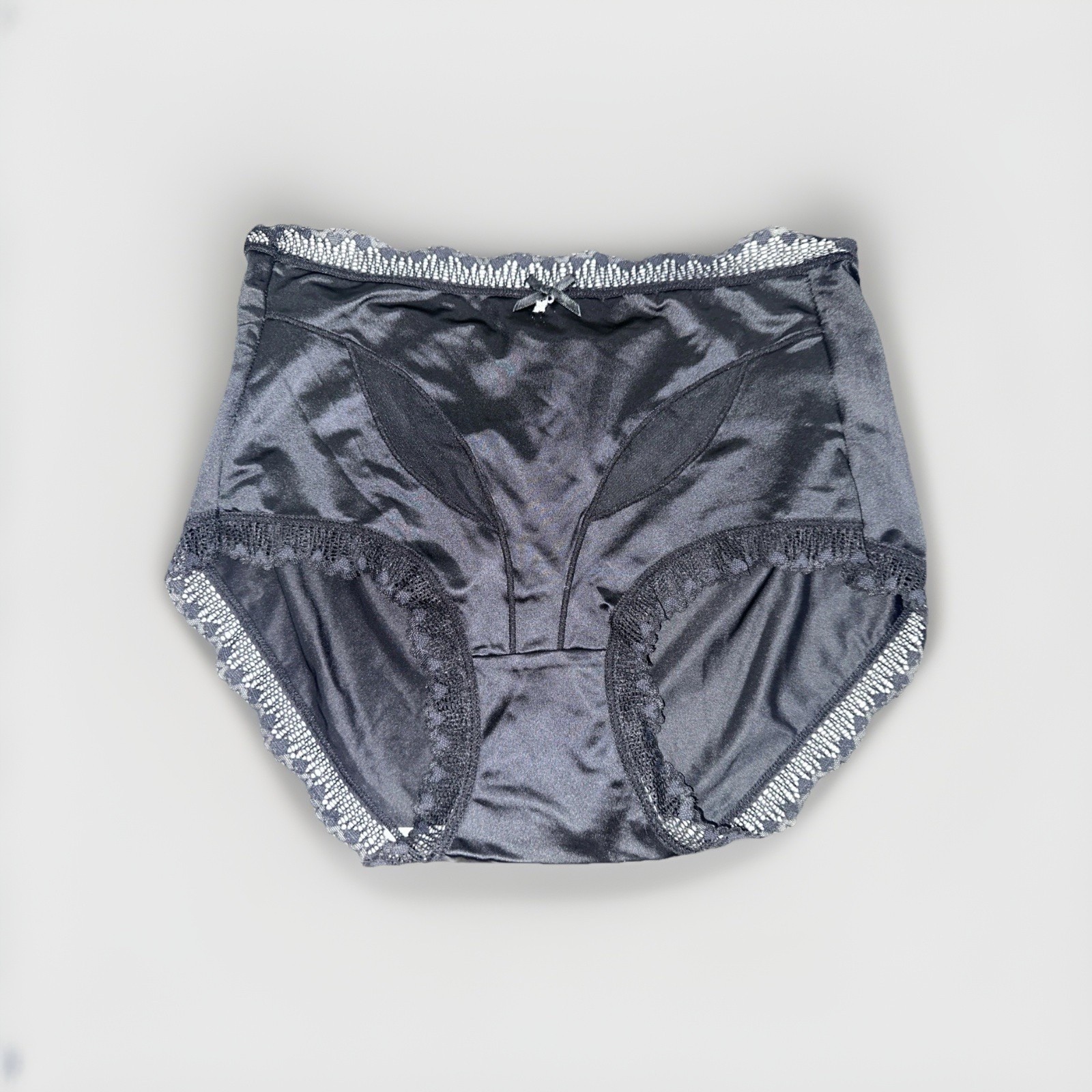 ~Shiny Large Black With Gem Nylon Lace Blended Panties W/Bow Cotton Gusset New