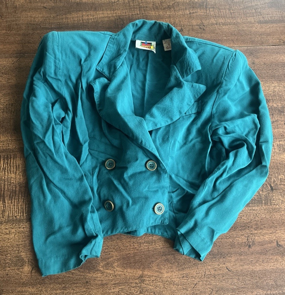 Vintage Snazz Teal Cropped Blazer Med Fits XS 80s Power Shoulder Double Breasted
