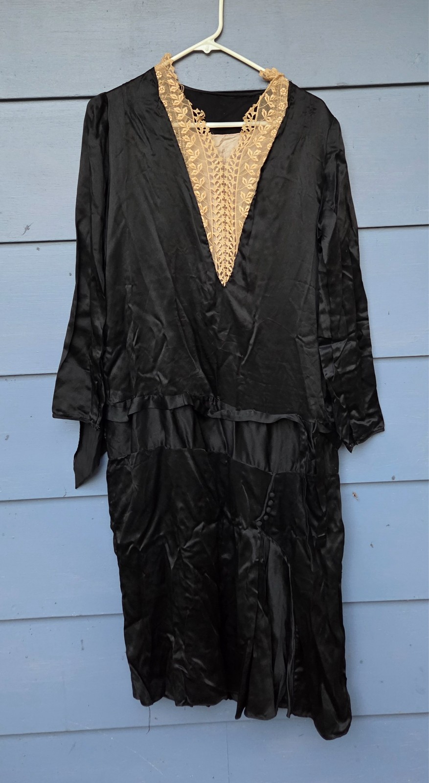 Antique 1920s Black Silk Satin Flapper Drop Waist Dress Tapestry Lace Collar