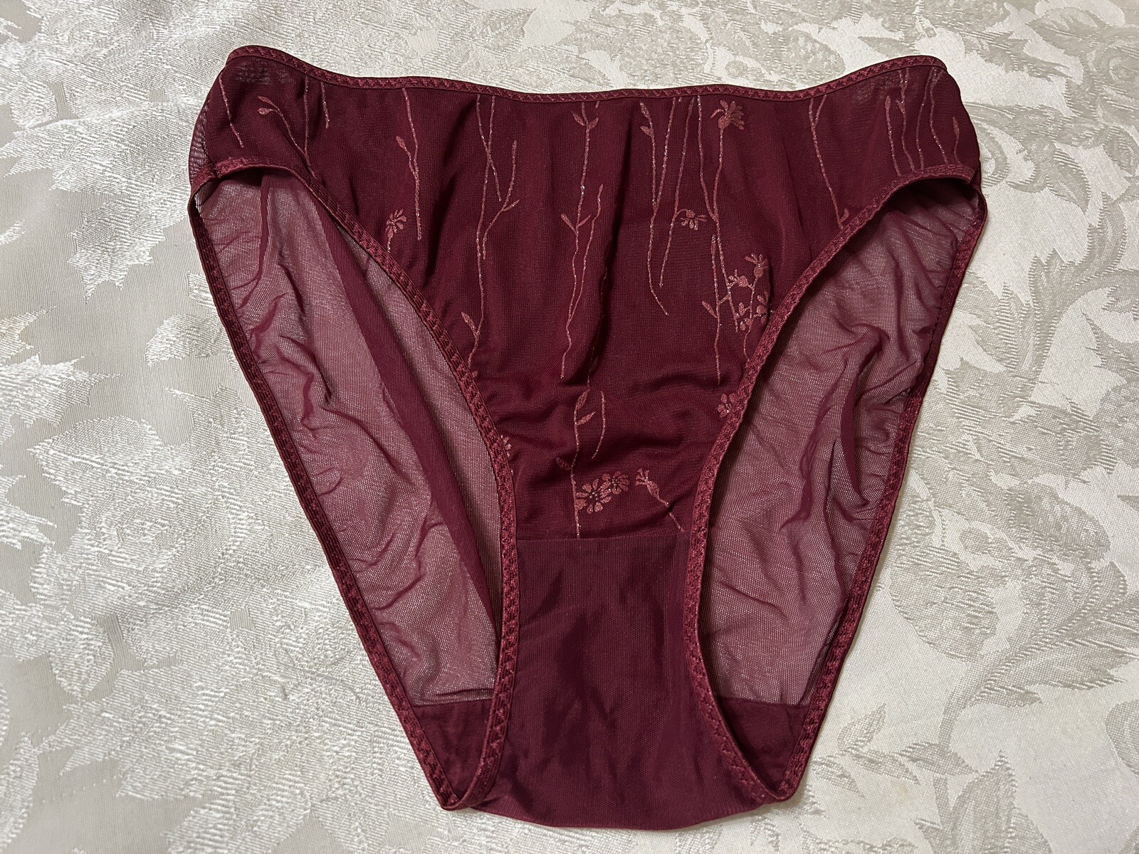 Vtg Unbranded Embellished Satin Lined Front Sheer Mesh Back Hi-Leg 9 Panties