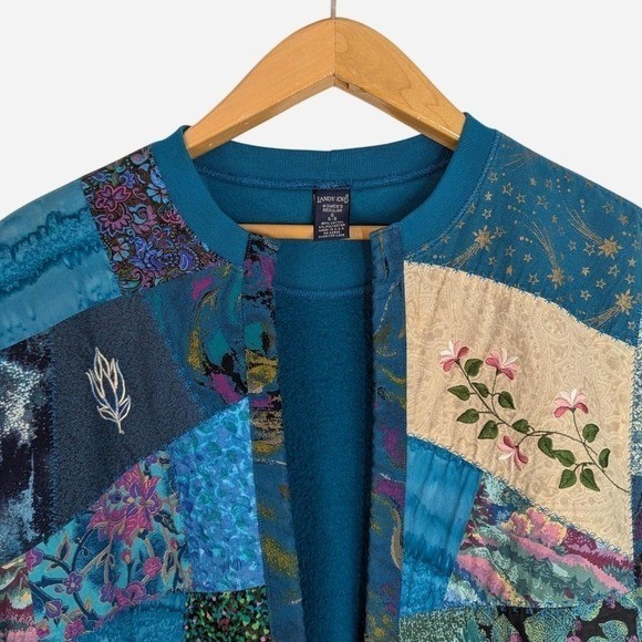 Vintage Lands&rsquo; End Crazy Quilt Patchwork Open Front Sweatshirt Small