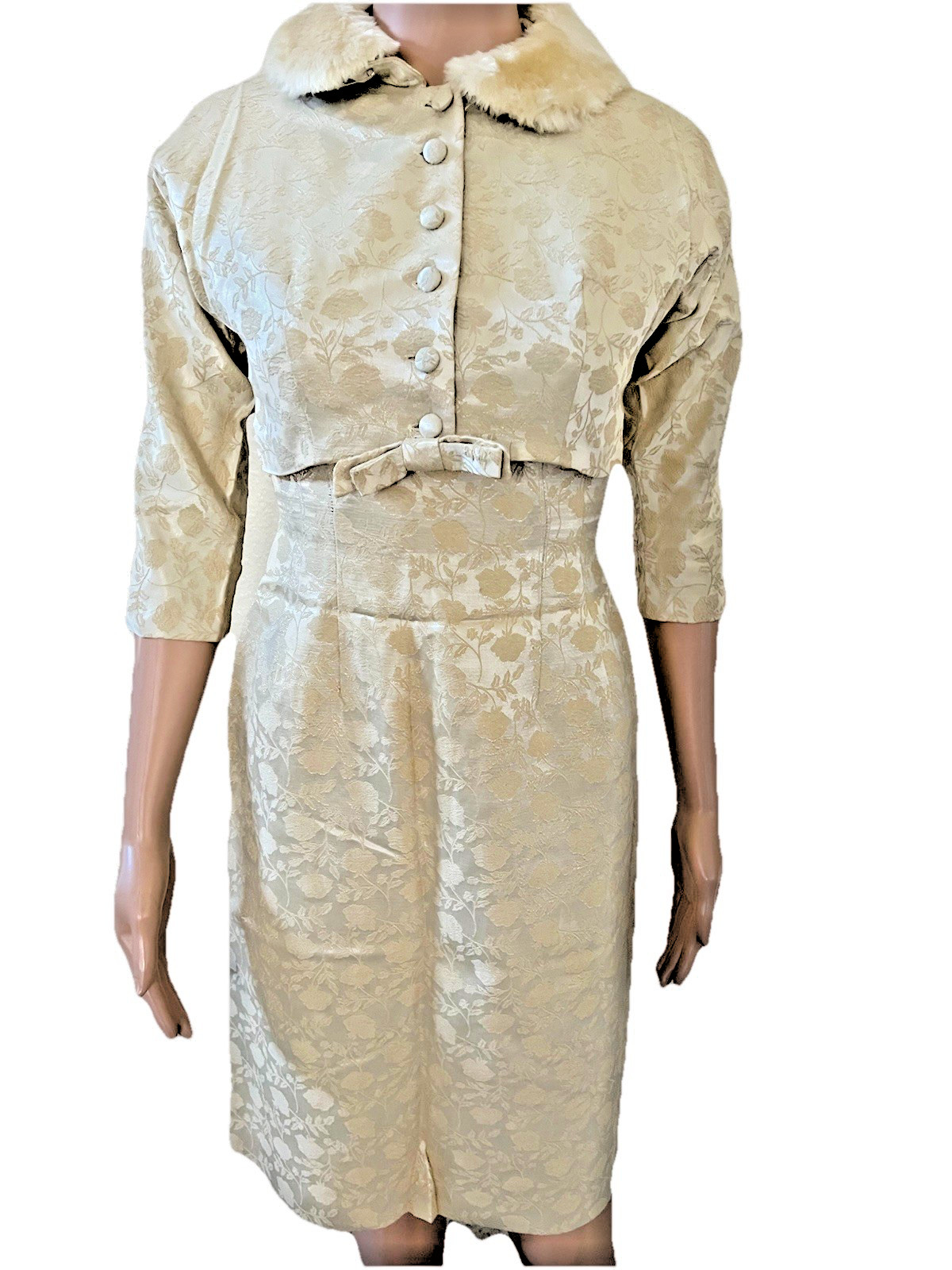 VTG 50s 2 Pc Fur Collar Crop Jacket & Ivory Damask Pencil Dress Suit Set Small**