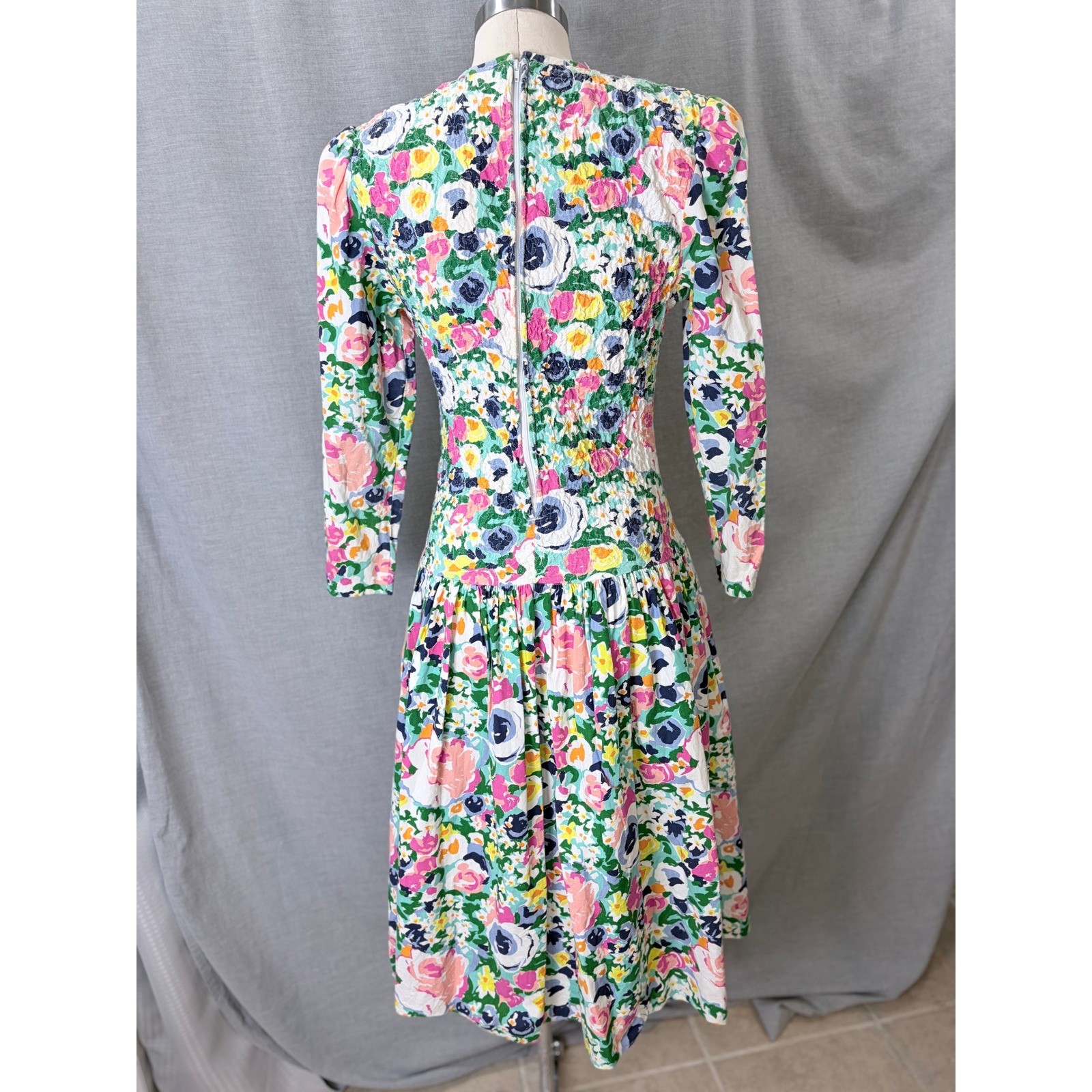 Antara Vintage 90s Floral Smocked Bodice Midi Dress Multi Color Cotton 5
