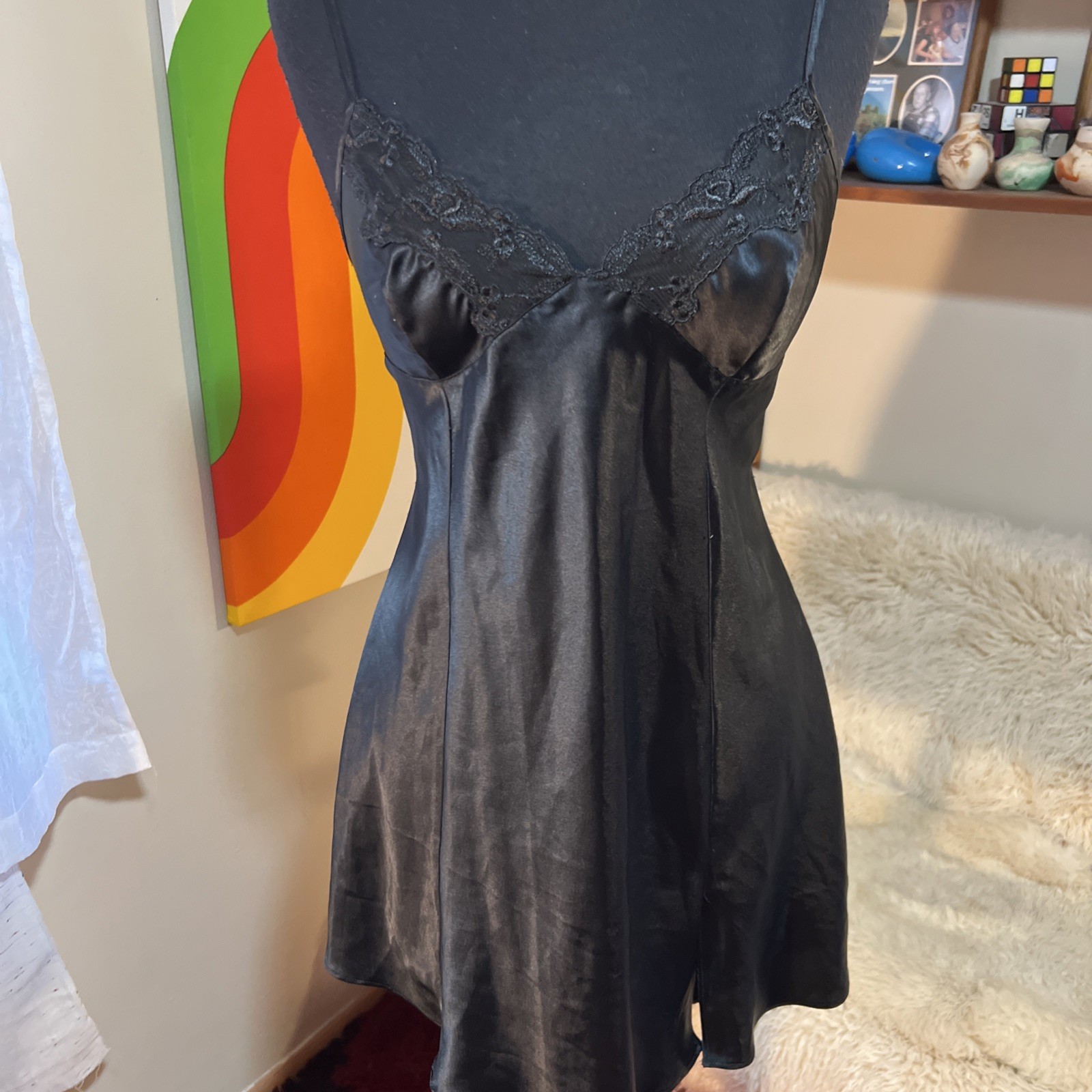 Vtg Victorias Secret Pink Label Y2K black Glossy Satin Slip Dress
