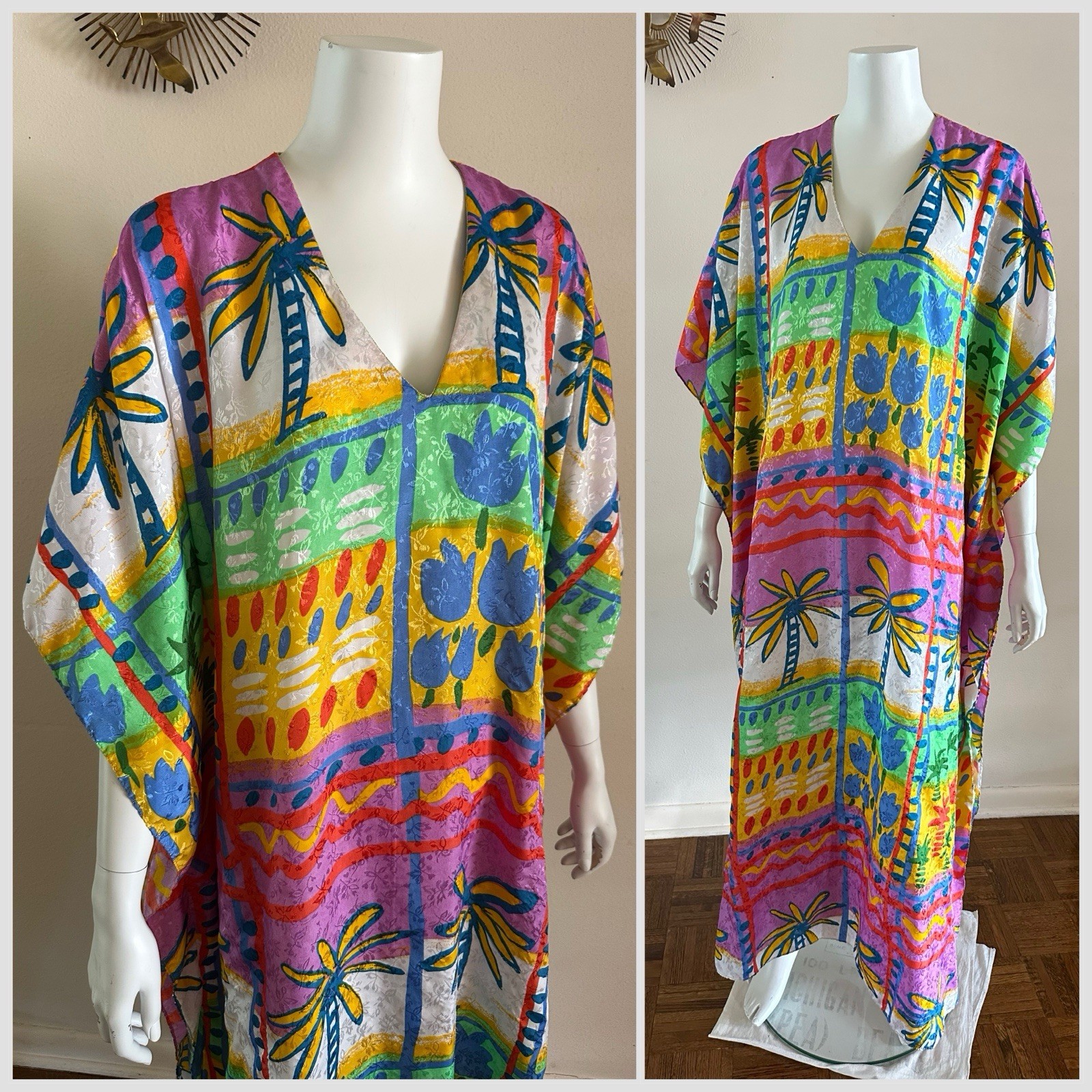 1990s Details Tropical Brocade Loungewear Dress Caftan Mumu Maxi Resort 80s VTG
