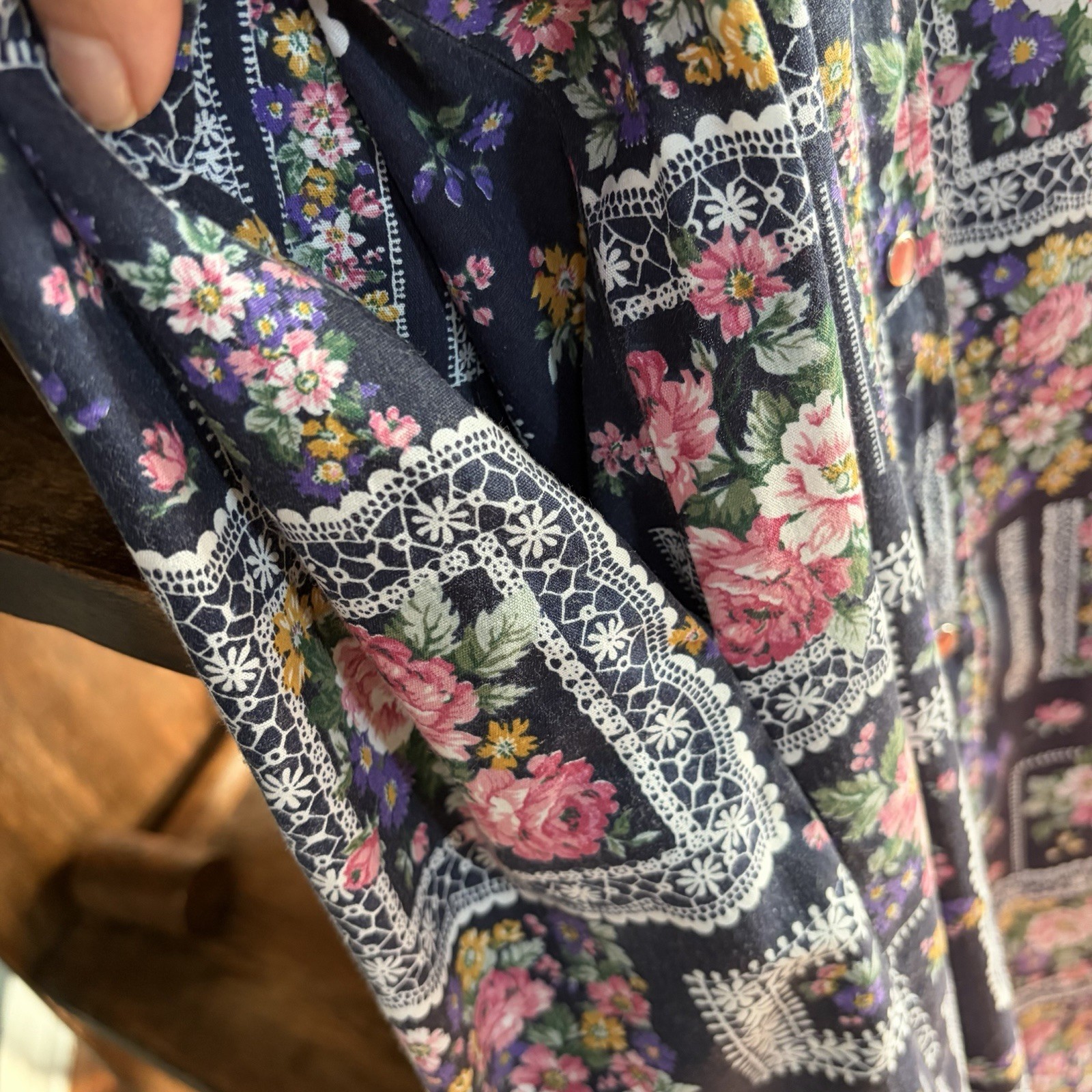 VTG Models Coat House Dress Patchwork Floral Blue Pink Snap Buttons Pockets