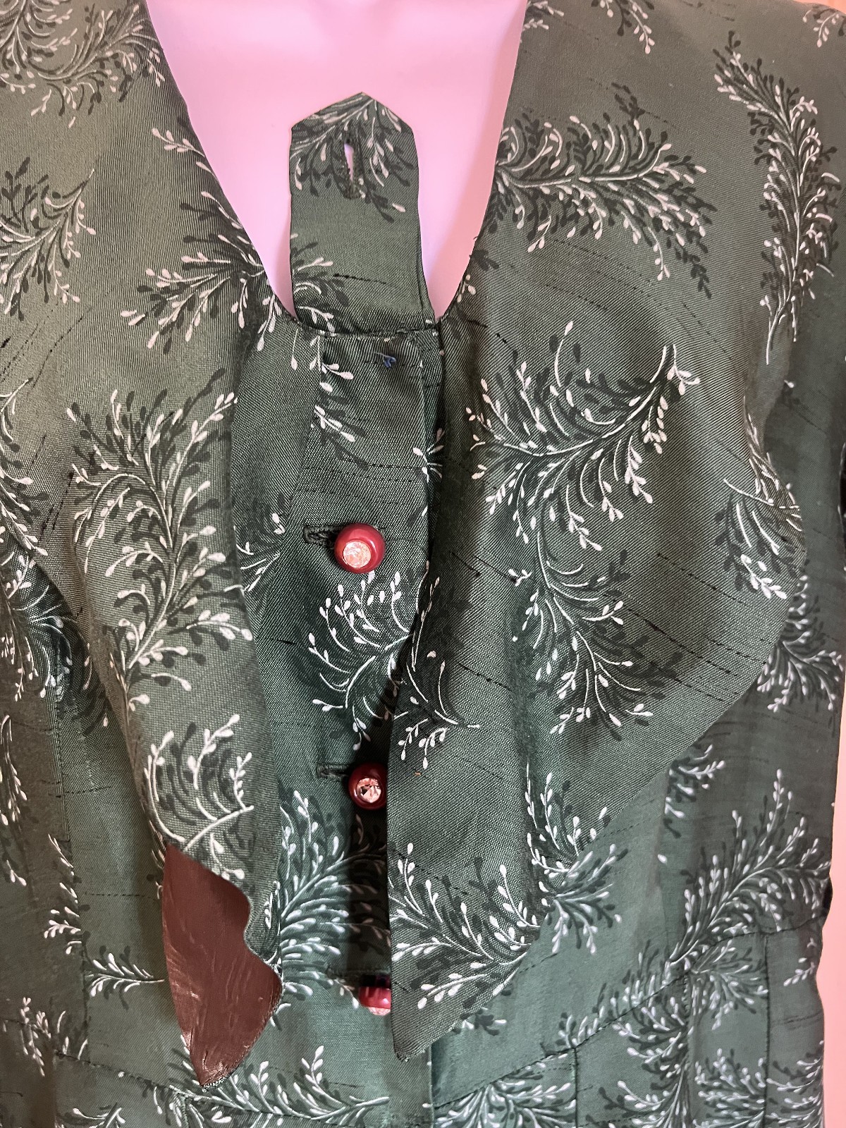 1950s Green Floral Crystal button Vintage Hand-Sewn short sleeve Dress L sz 12