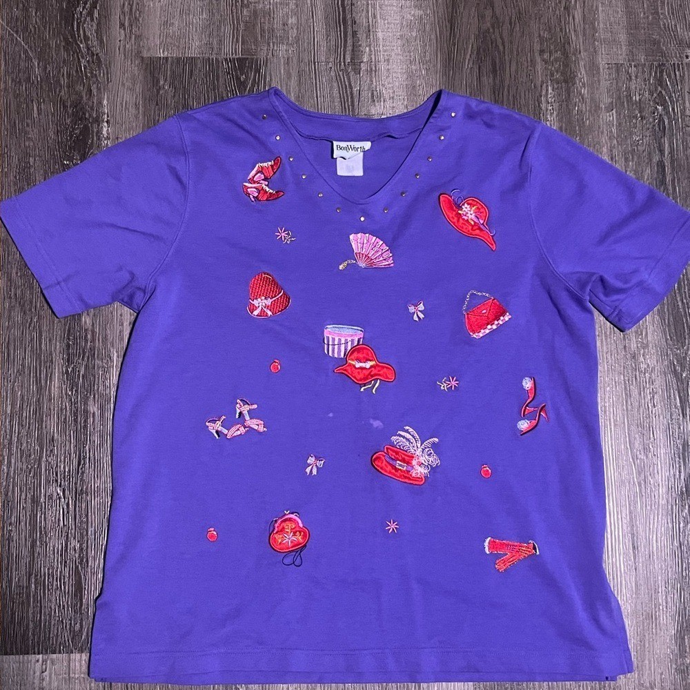 Vintage BonWorth Purple Short Sleeve Tee with Embroidered Accents