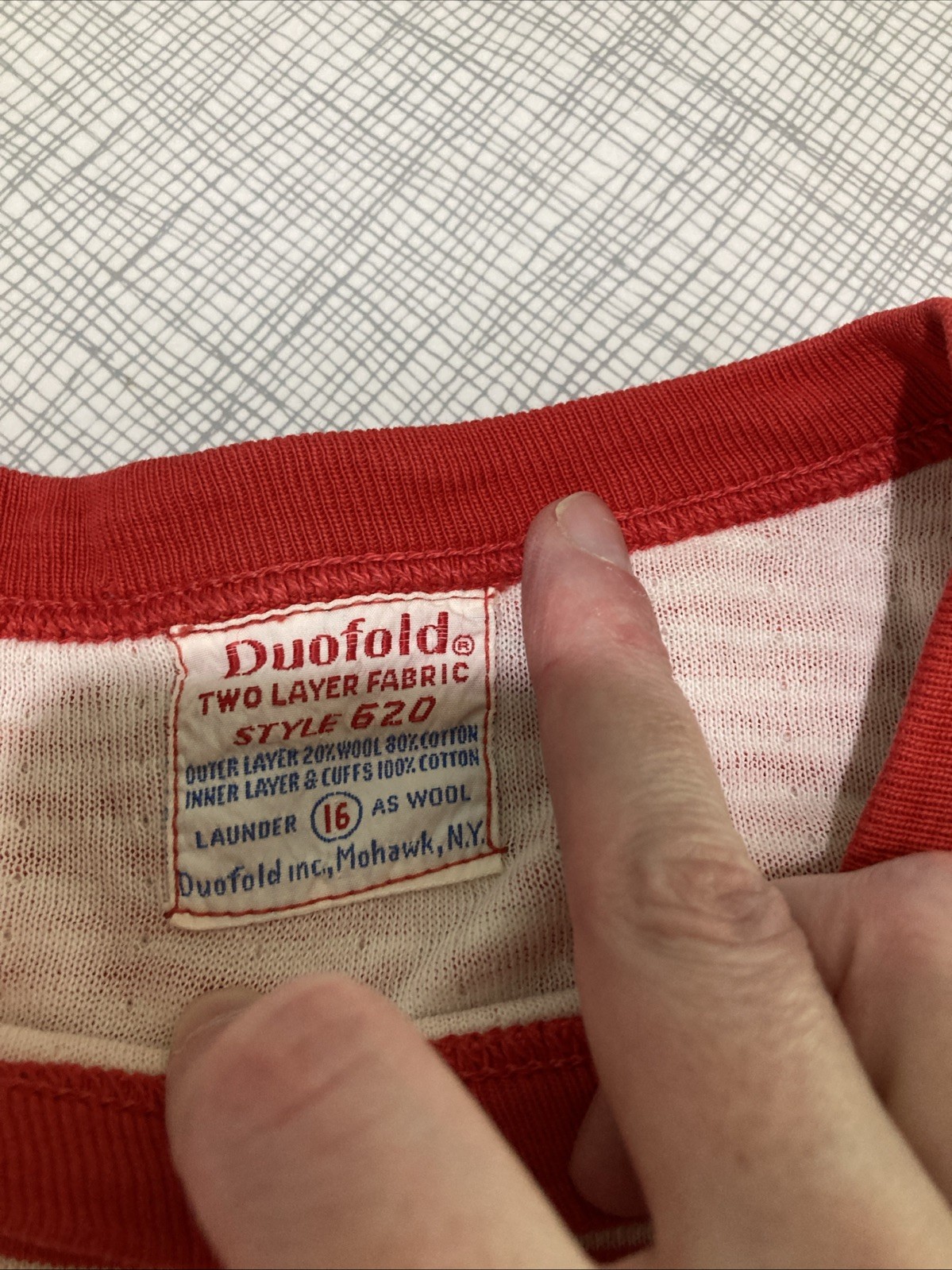 Vtg 60s Duofold Striped Base Layer Thermal Top Red Crewneck Wool Blend Womens XS