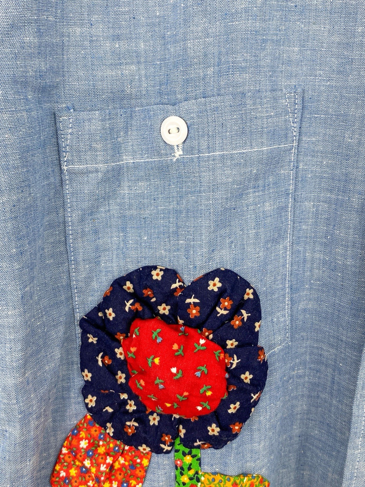 VTG 70s Chambray Patchwork Shirt Calico Flower Strawberry Applique RickRack L