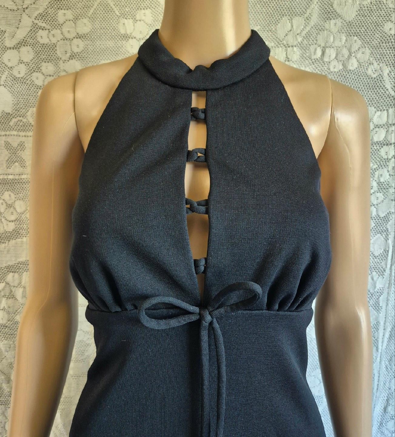 BOHO MODERN Vintage 70s LBD Halter Neck Cage Back Empire Waist MAXI DRESS – S/M