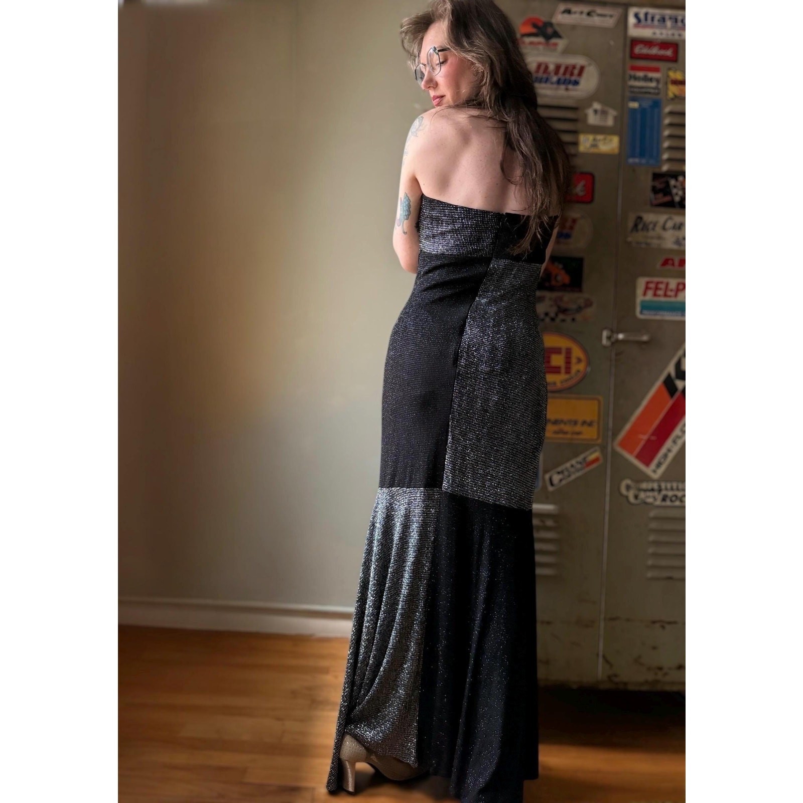 Vintage 90s Silver Strapless Gown | Black Gray Metallic Mermaid Maxi | L