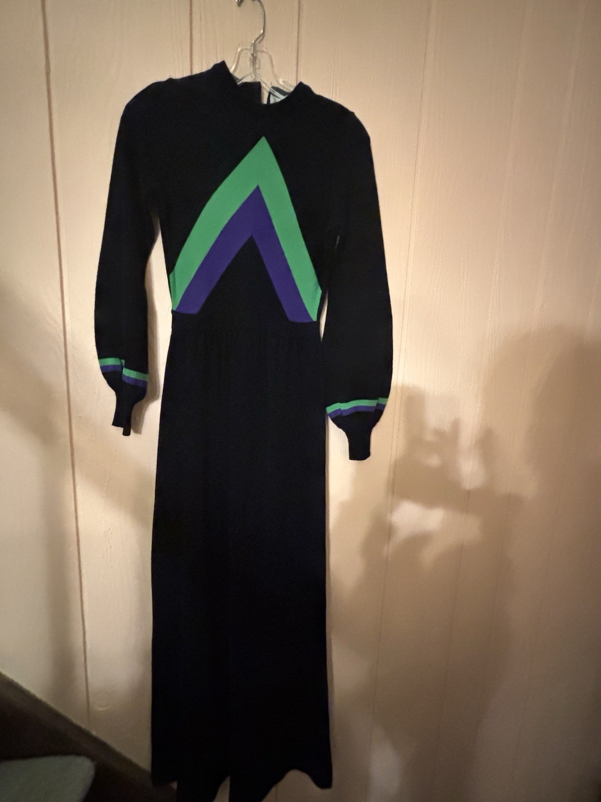 VTG 70s Roncelli Wool Blend Knit Maxi Sweater Dress 5 / XS Black Green Purple