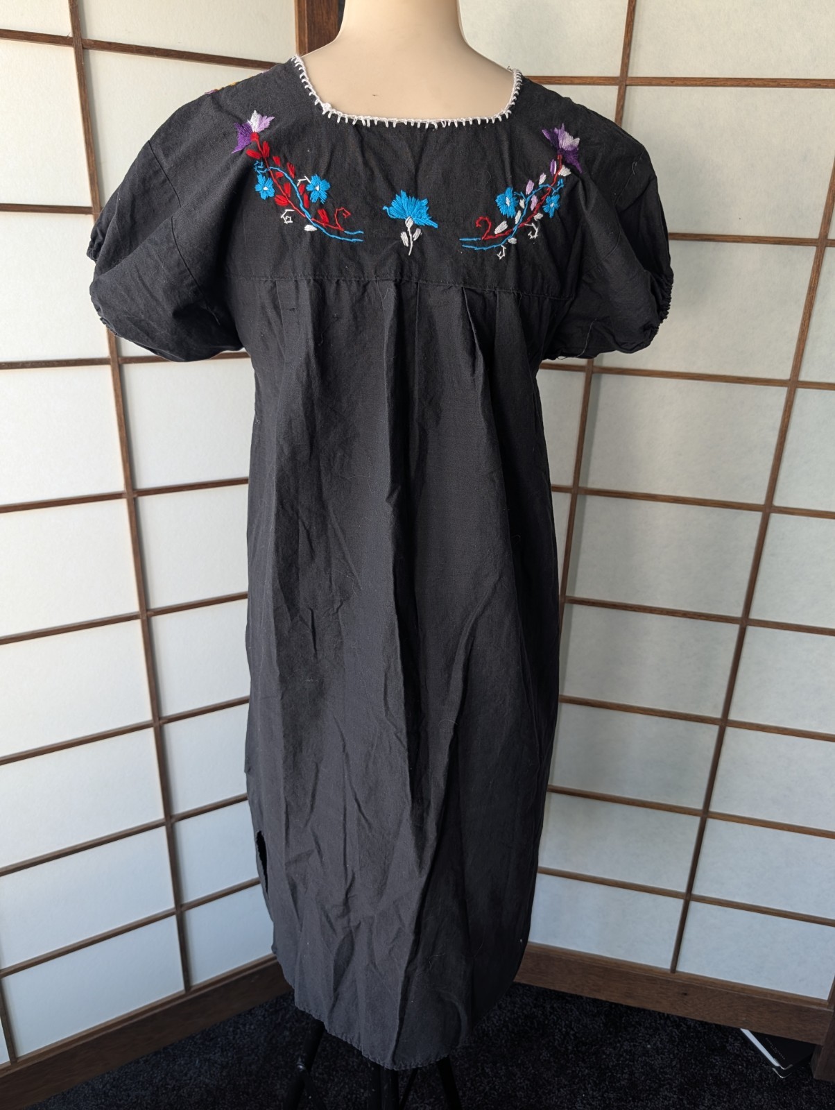 Vintage 70s Intricate Hand Embroidered Mexico Tourist Dress Peacock Sz M/L Black