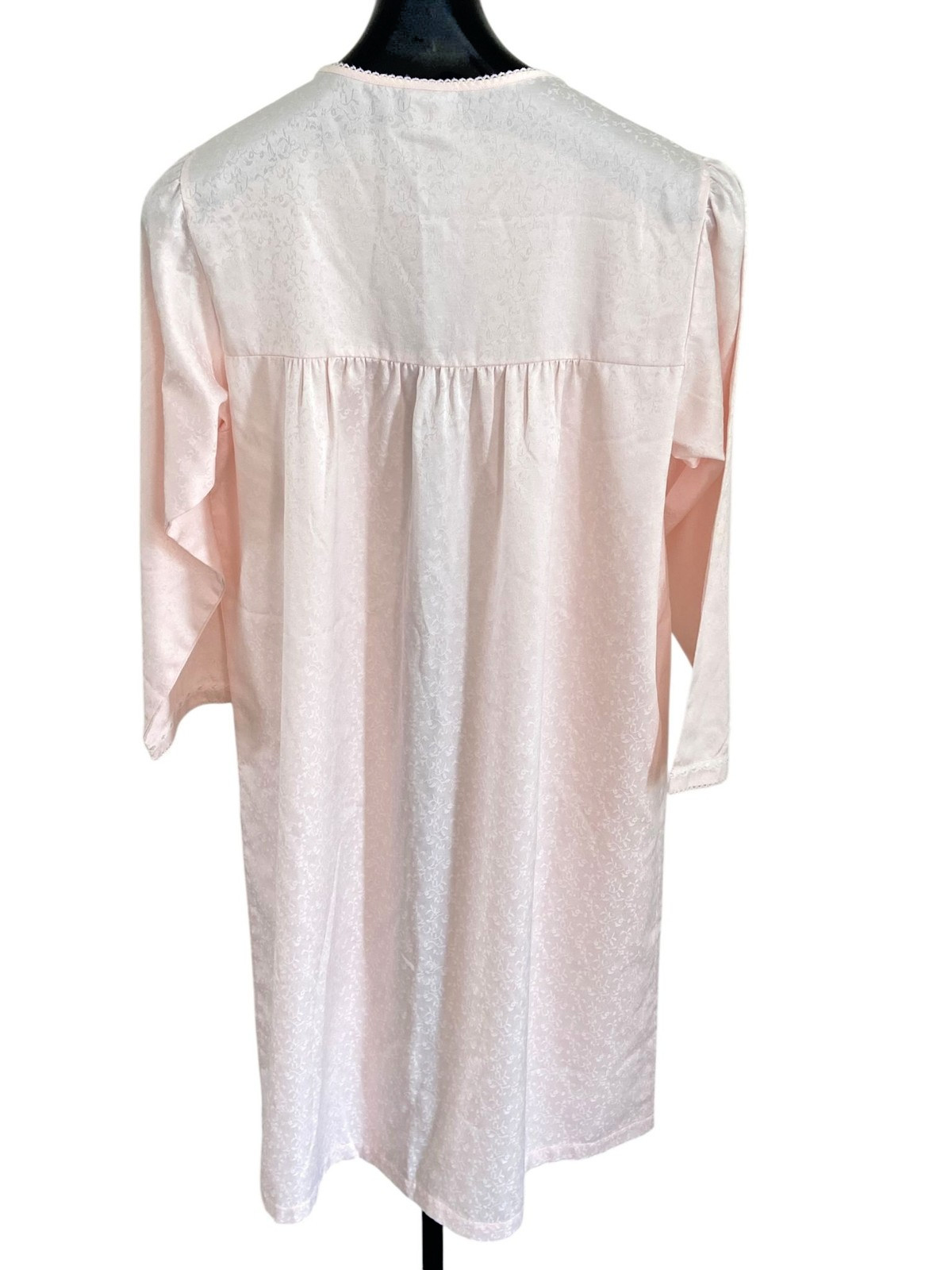 Vtg Womens Pink Embroidered Satin Nightgown Lace Yoke Pleated Long Sleeve Gown