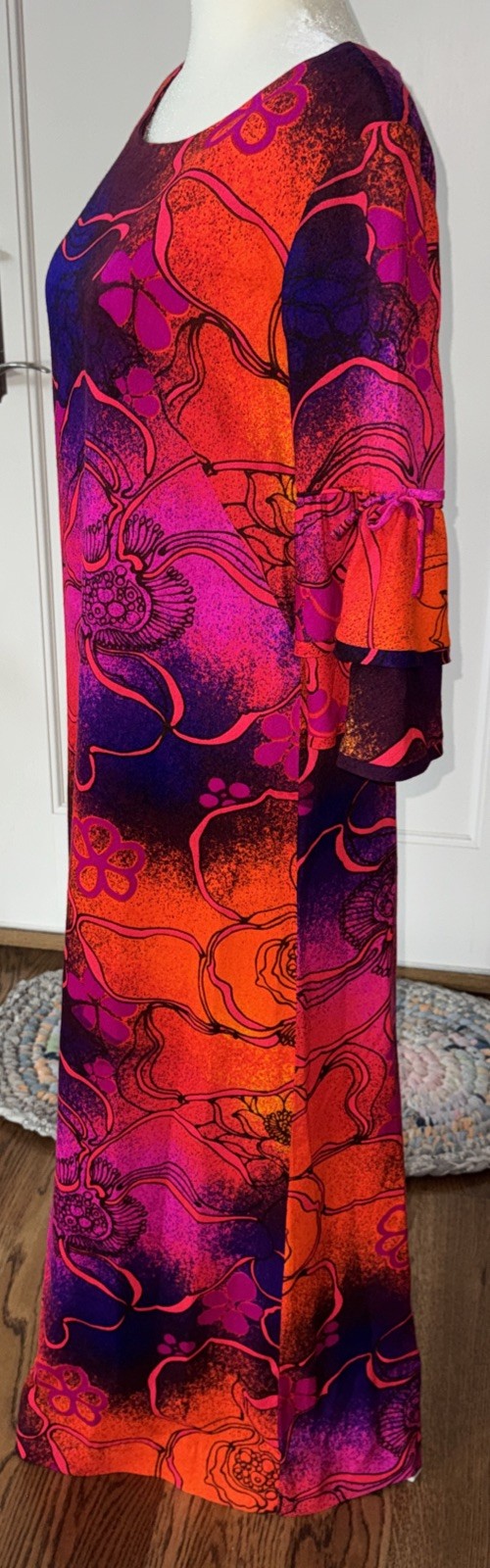 Vintage Sears Hawaiian Fashions Orange Purple Blue Barkcloth Maxi Dress 36” Bust