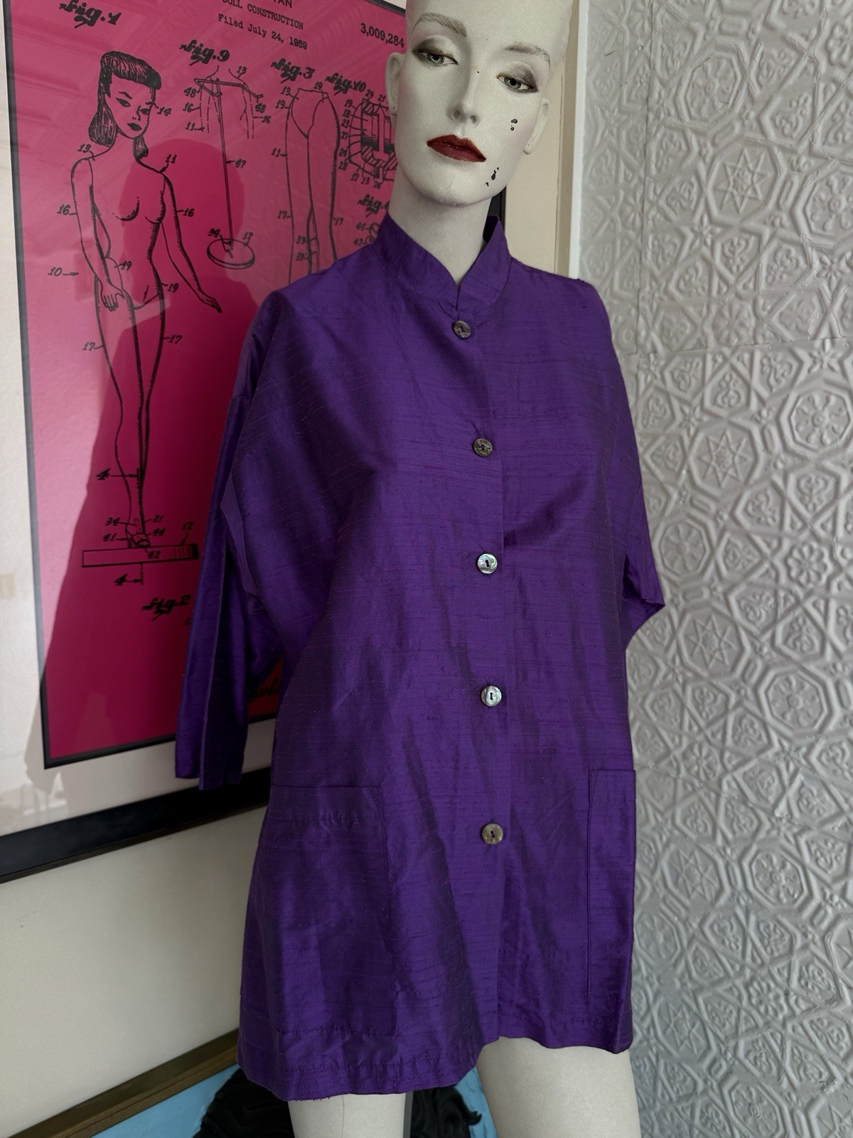 Vintage 1990s silk blouse purple mandarin collar minimalist art to wear Gerties