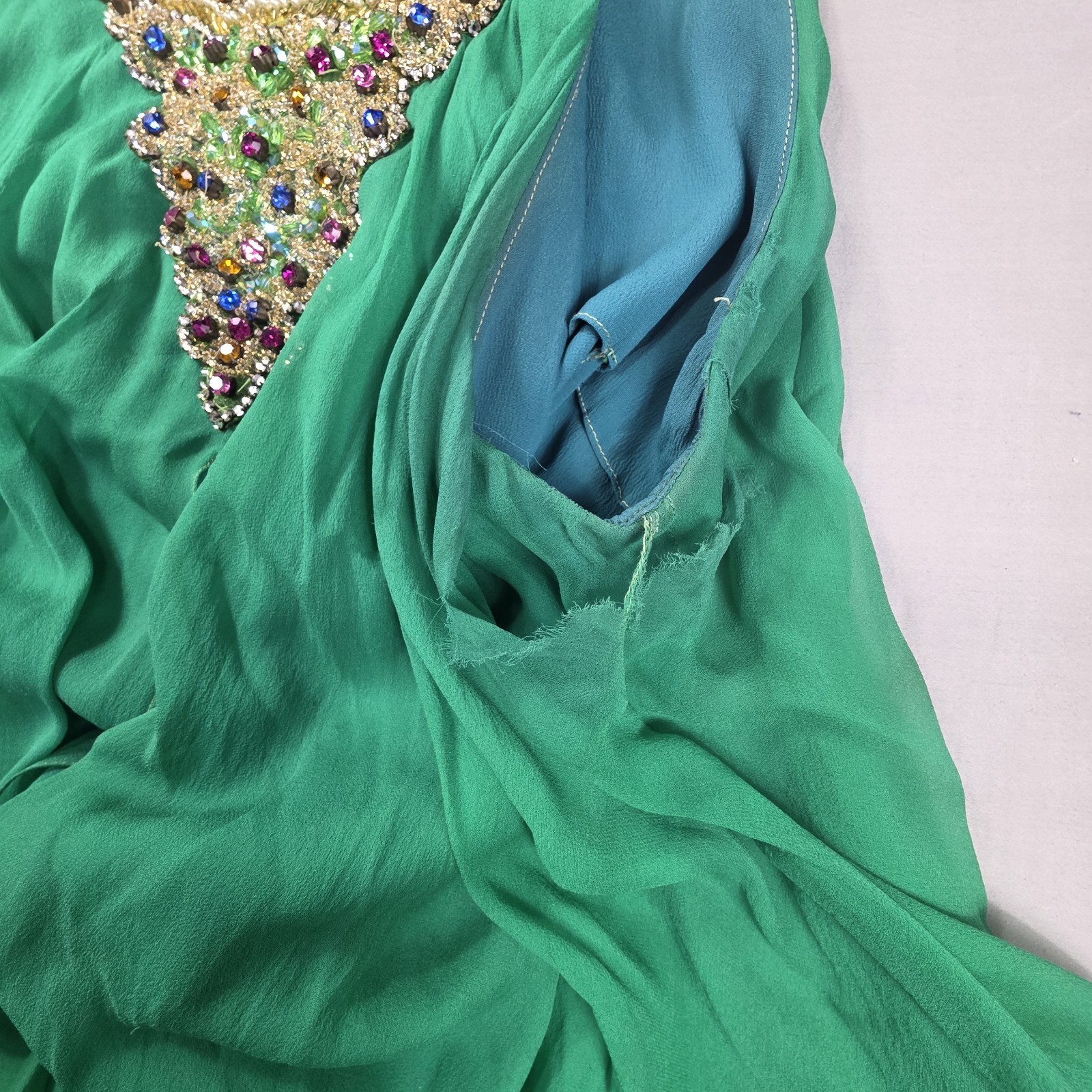 VTG John Doyle Bishop Seattle Beaded Silk Chiffon Gown Green Avant Garde Read