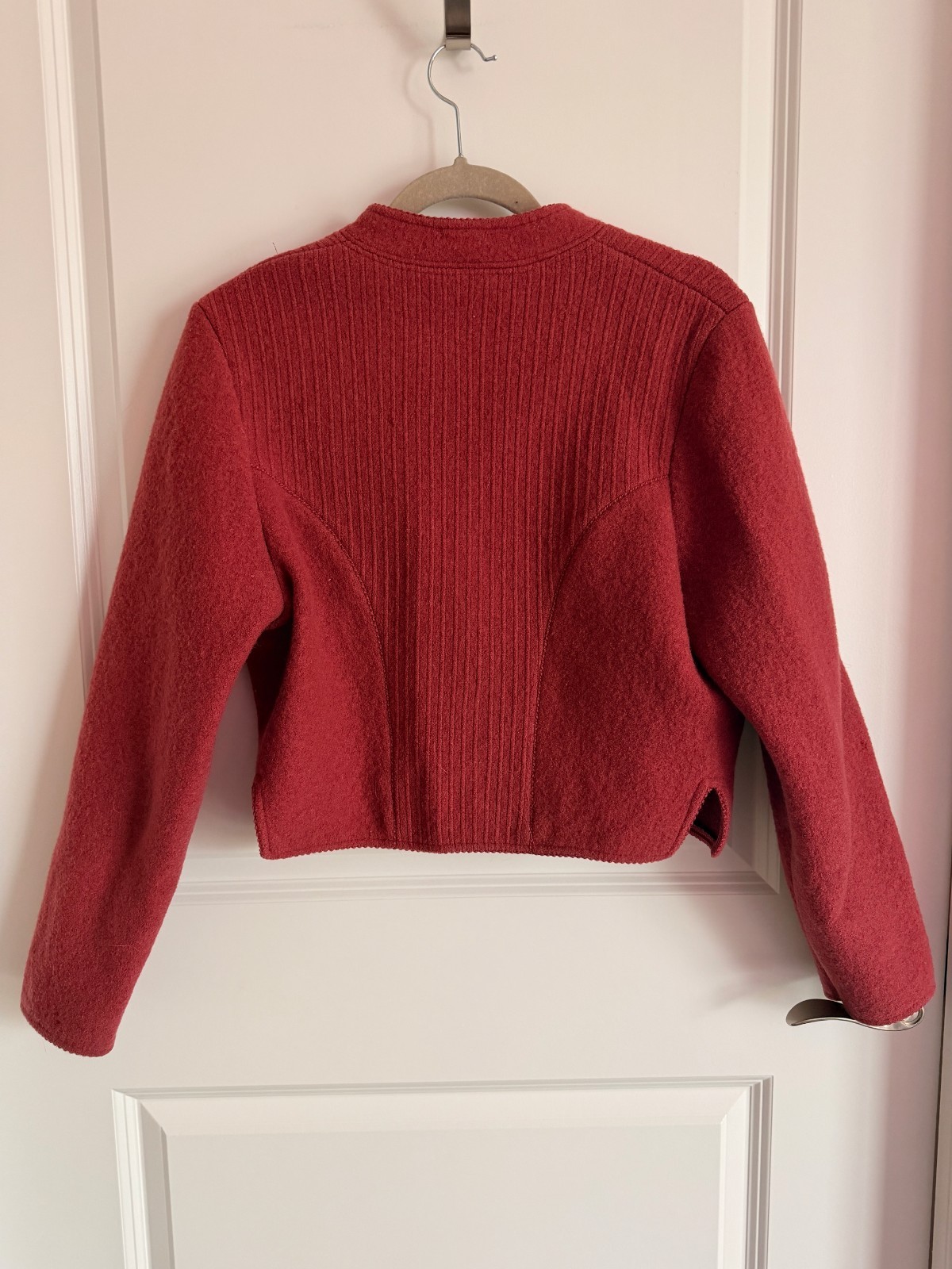 Lands End Wool Jacket Womens 14 Austria Boiled Wool Red Snap Cardigan